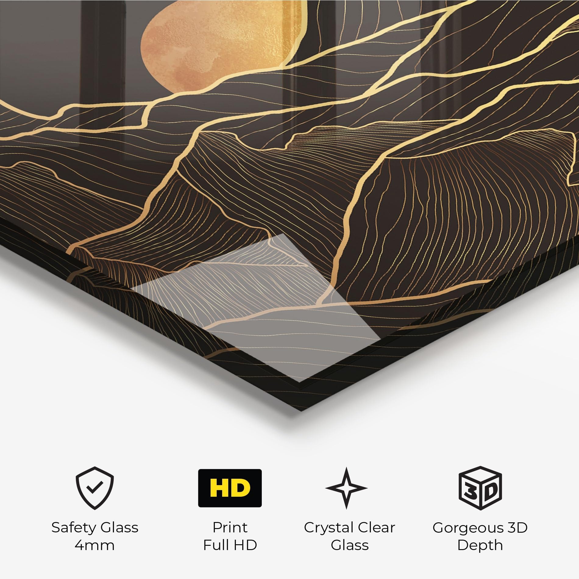 ARTHUB® Moderne impression sur verre 60x150 cm, 4mm verre trempé | Tableau en verre salon et chambre, Décoration murale moderne, Décoration intérieure, paysages, Black Gold Mountains
