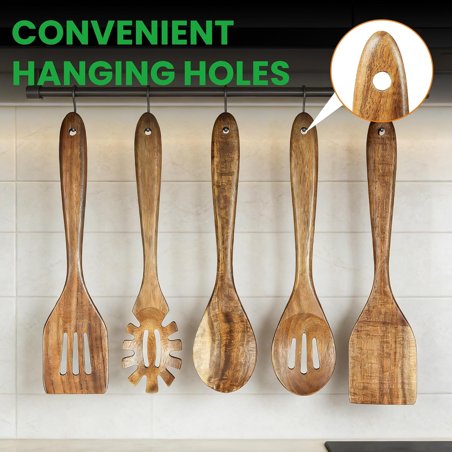 Solidith Acacia Wooden Spoons for Cooking, 5-Piece Wood Kitchen Utensil Set