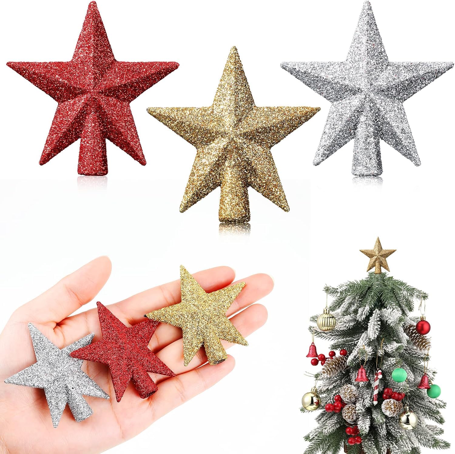 [3 Packs] Christmas Tree Topper Small Star Tree Topper,Decorative Small Christmas Tree Decoration Treetop for Holiday Ornament Home Decor (Gold+Red+Silver)