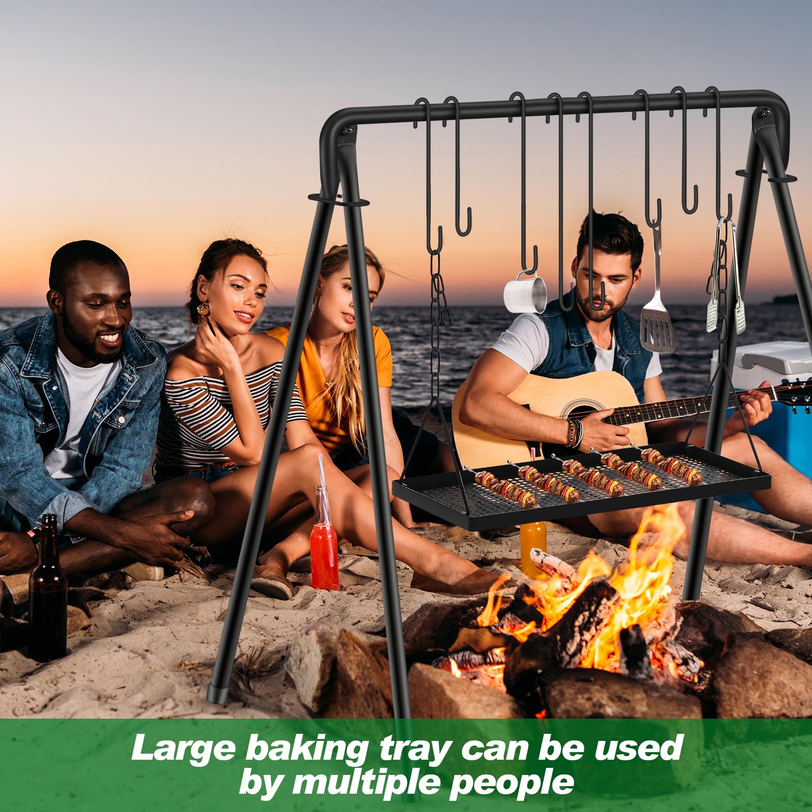 Rossesay Soporte de parrilla ajustable para fogata, soporte para colgar con 8 ganchos y accesorios, equipo de cocina para barbacoa, picnic, fiesta al aire libre (bandeja grande)