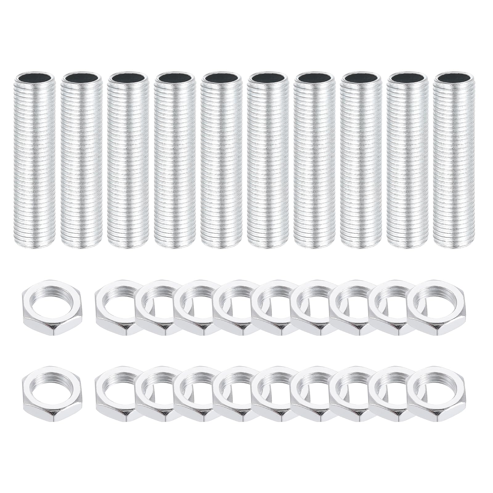 sourcing map 10Pcs 40mm Lamp Pipe Nipples Kit with Lock Nuts, M10x1 Fine All Threaded Hollow Tube Lamp Repair Hardware Fasteners for Chandelier Ceiling Lamps Assembly DIY, White Zinc