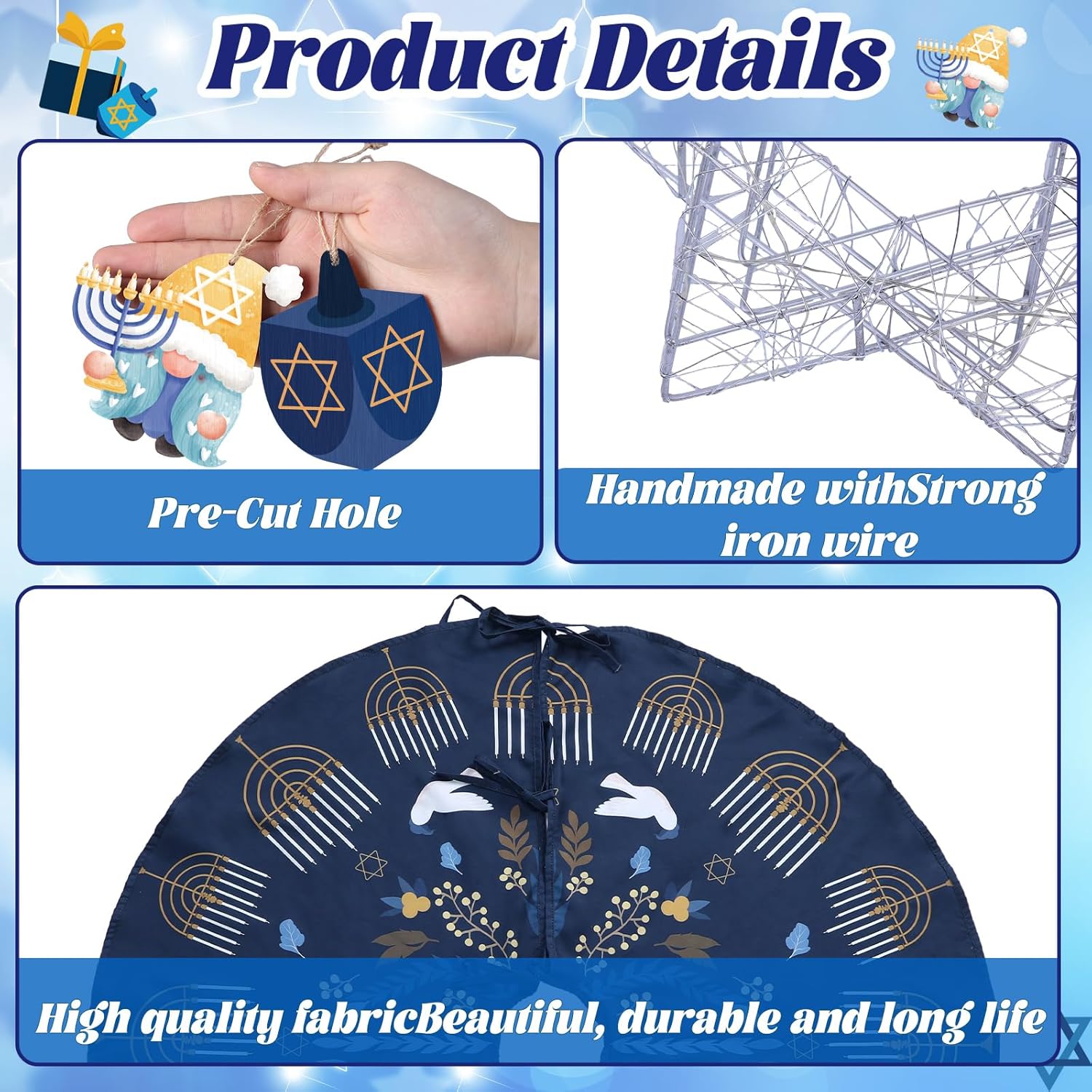 Soulchen 26 Pcs Hanukkah Ornaments for Tree Set Include 35" Xmas Tree Skirt Hanging Ball 11.2" David Star Topper Wooden Hanukkah Ornaments for Chanukah Christmas Holiday Decor