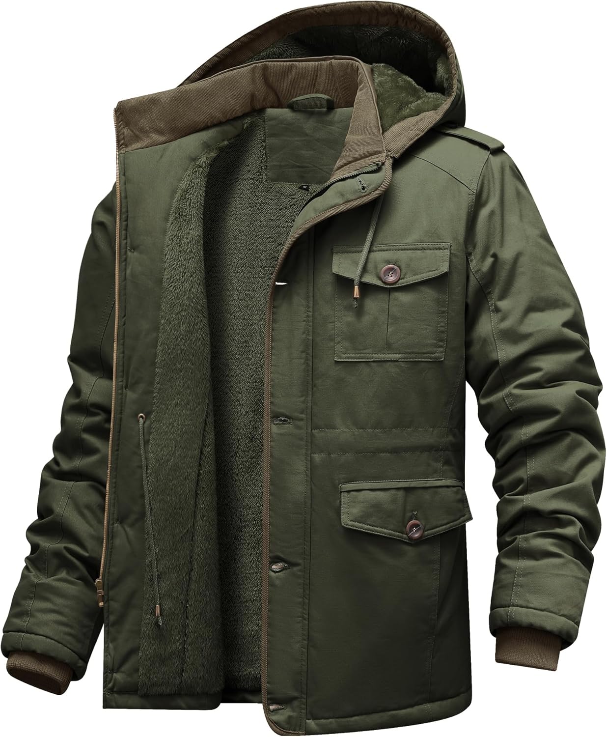 CHEXPEL Men's Winter Jackets with Hood Cotton Military Jackets Fleece Lined Thick Work Coats with Cargo Pockets