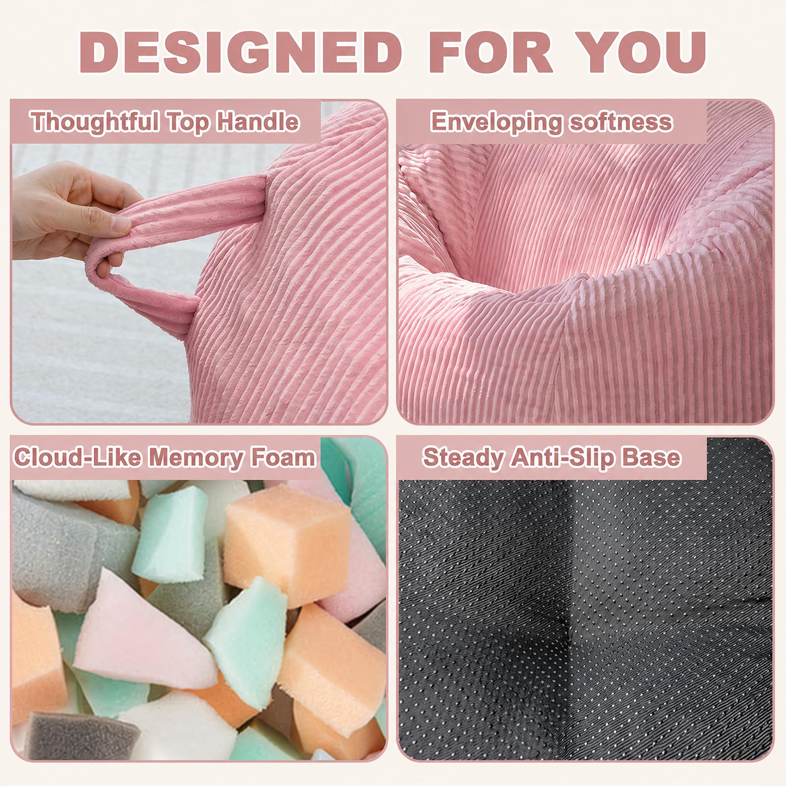 Runder Sitzsack, Cord Bean Bag Chair mit Füllung für Erwachsene & Kinder, Gemütlicher Lounge Sessel Relaxliege für Wohnzimmer, Schlafzimmer(M-Rosa)