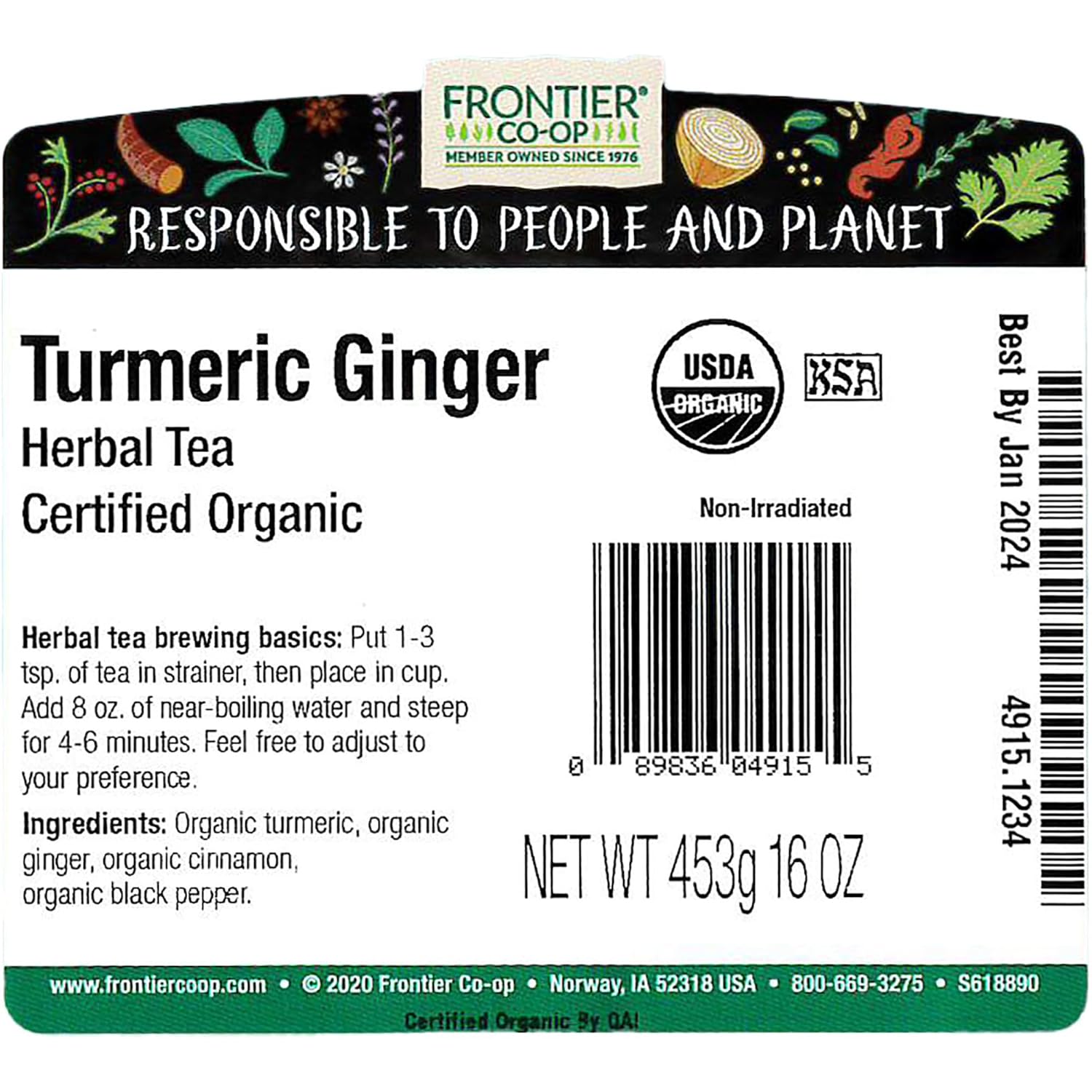 Frontier Co-op Organic Turmeric Ginger Blend, 1lb Bulk Bag – Warming Tea Blend for Turmeric Ginger Tea, Smoothies, Cooking and Health Remedies, Kosher