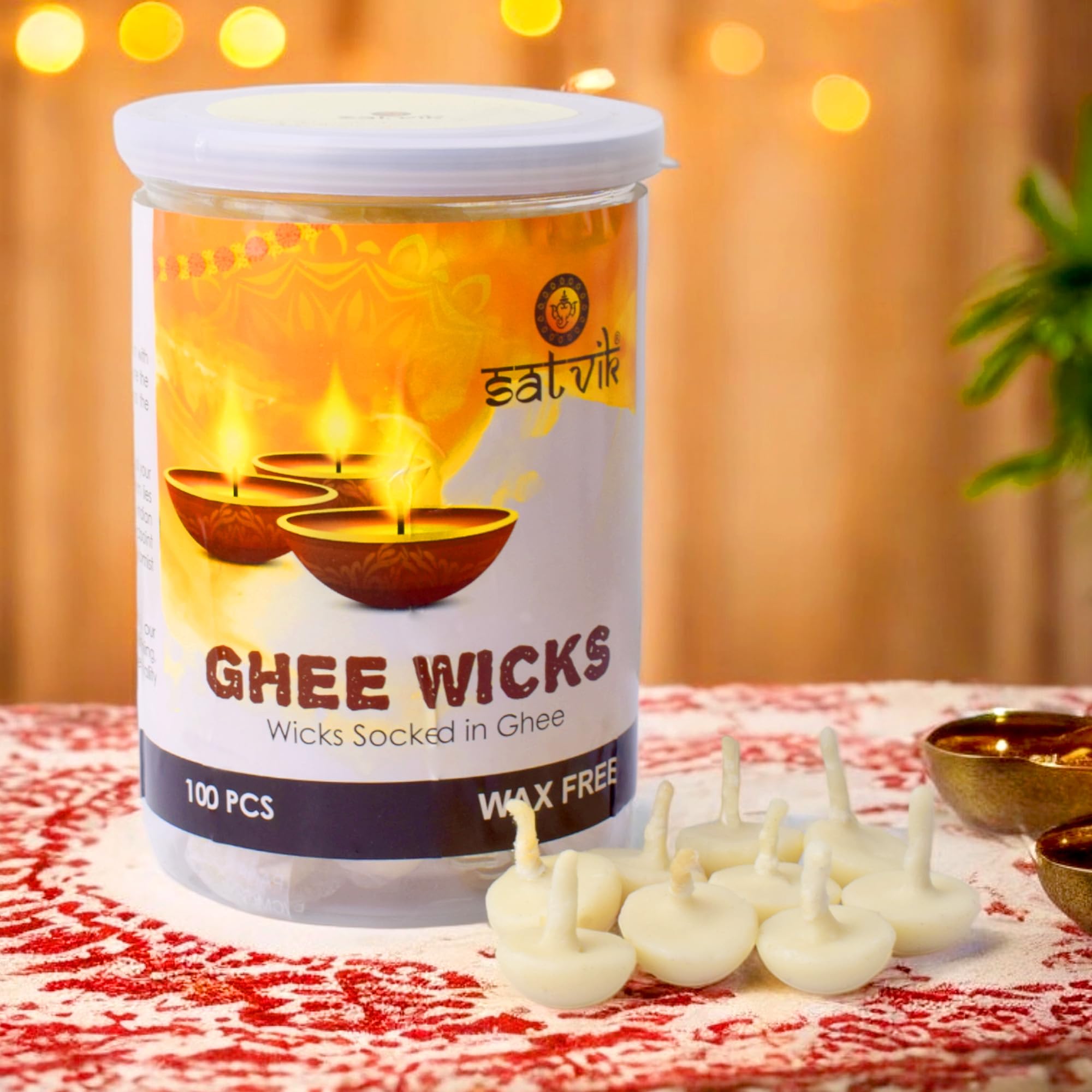 SATVIK 100 szt. czyste knoty Ghee do pudży (do 30 minut) Pooja Home i Mandir. Nitya Pujan Gotowy Ghee Jyot Jyoti Pujan indyjski parapetówka zwrot prezent akcesoria Diwali bawełniane knoty
