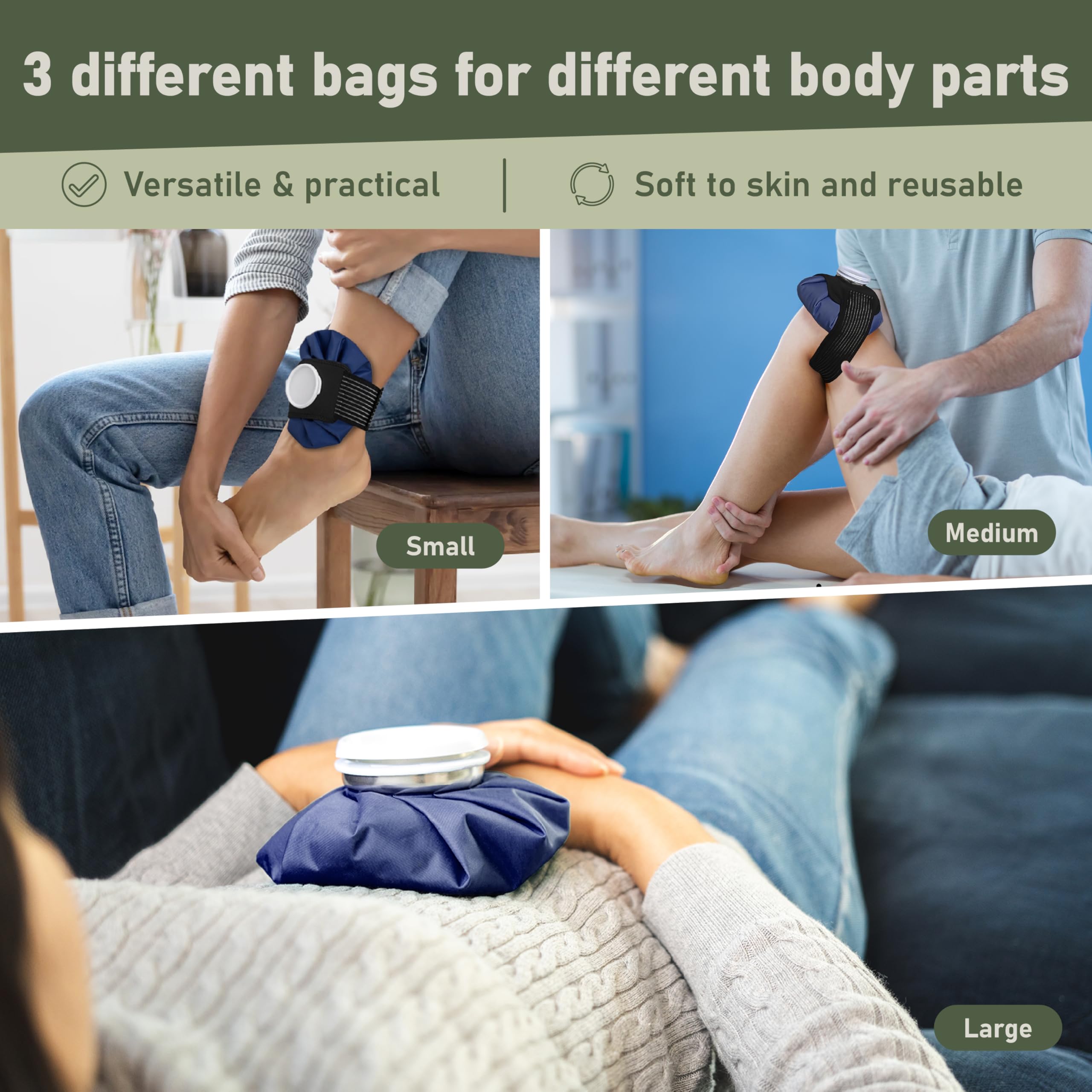 Bolsas de hielo reutilizables para lesiones – Bolsa de agua caliente doble para aliviar el dolor y bolsas de hielo suave para lesiones – Juego de 3 bolsas y 2 correas