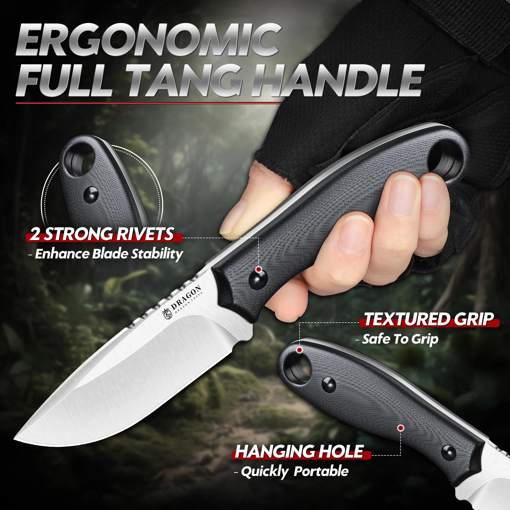 Dragon Creek Kompaktes Outdoor Messer feststehend D2 Stahl, Drop Point Jagdmesser mit G10 Griff, Full Tang EDC Messer mit Kydex Scheide, kleines Camping Bushcraft Messer(Schwarz) - 5