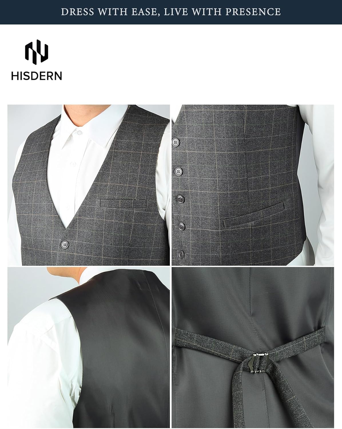 HISDERN Men's Suit Vest Plaid Dress Vest for Men Slim Fit Formal Business Waistcoat Tuxedo V-Neck Solid Vest for Wedding