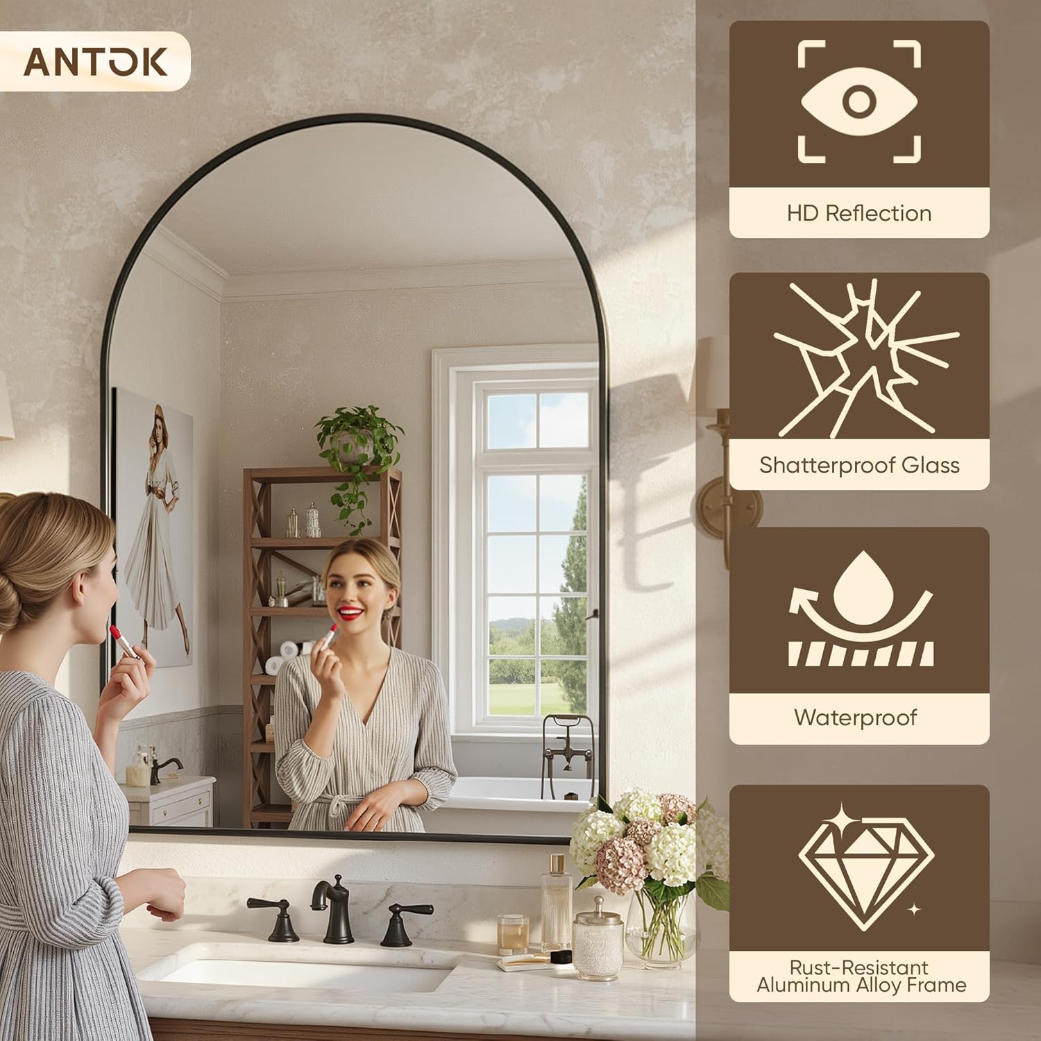 Antok Arched Bathroom Mirror, 24"x36" Wall Mounted Mirror, Vanity Mirrors for Over Sink, Aluminum Alloy Frame Bathroom Mirrors Living Room, Bedroom and Entryway, Black - Image 6