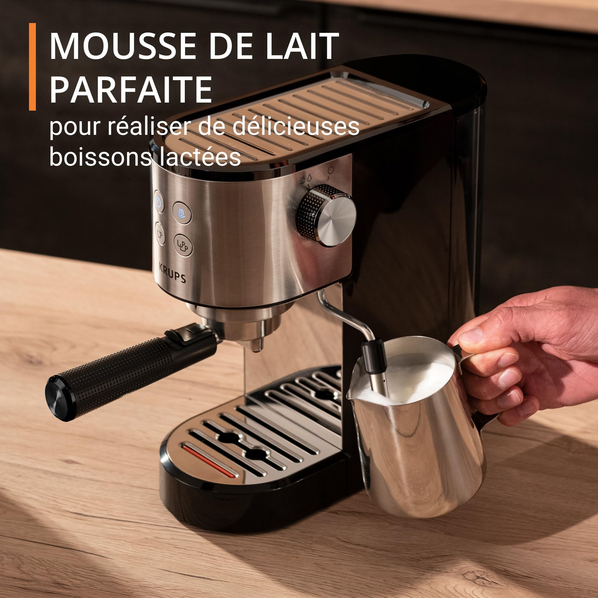 KRUPS Machine expresso manuelle, design compact, espresso et cappuccino, 15bars, buse vapeur, Virtuoso Essential, XP441810, Silver