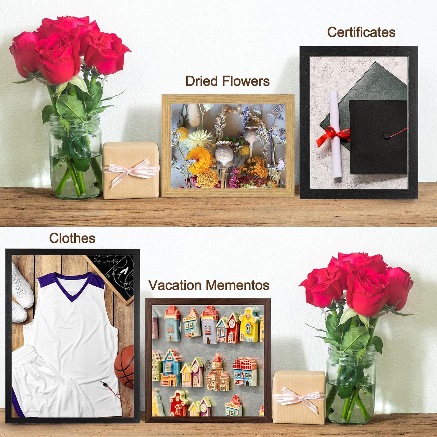Shadow Box Frame (13 x 17 Inch, Brown) - Wooden Dried Flower Photo Frame, Memory Box Display Case with Felt Back, Apply to Flower/Tickets/Photos/Memorabilia DIY