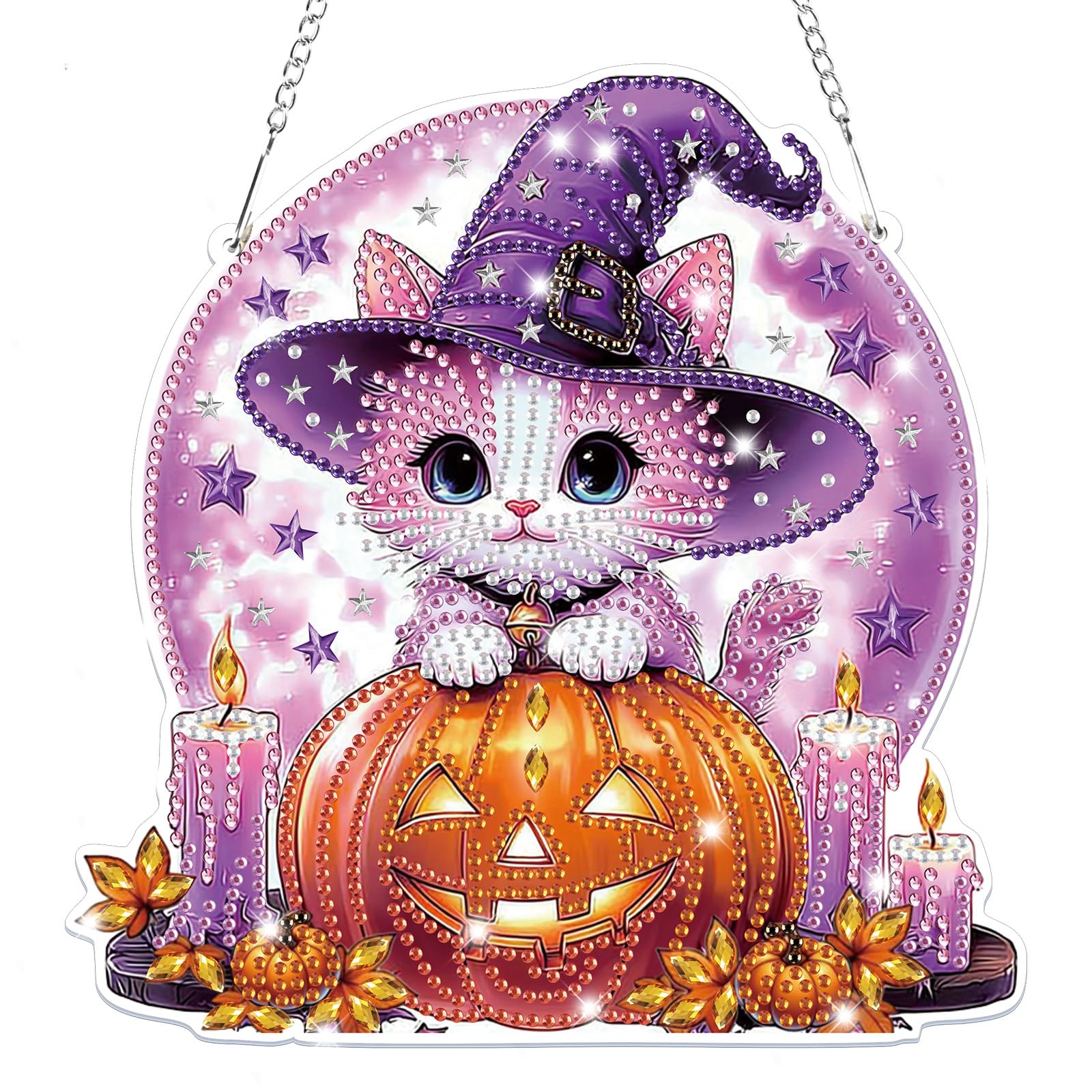 Lxmsja Halloween Diamond Art Hanging Ornaments with Chain for Adults Kids, Special Shaped Pumpkin Cat Diamond Painting Pendant Kits, Hanging Crystal Suncatcher Gem Art Kits for Home Door Wall Decor