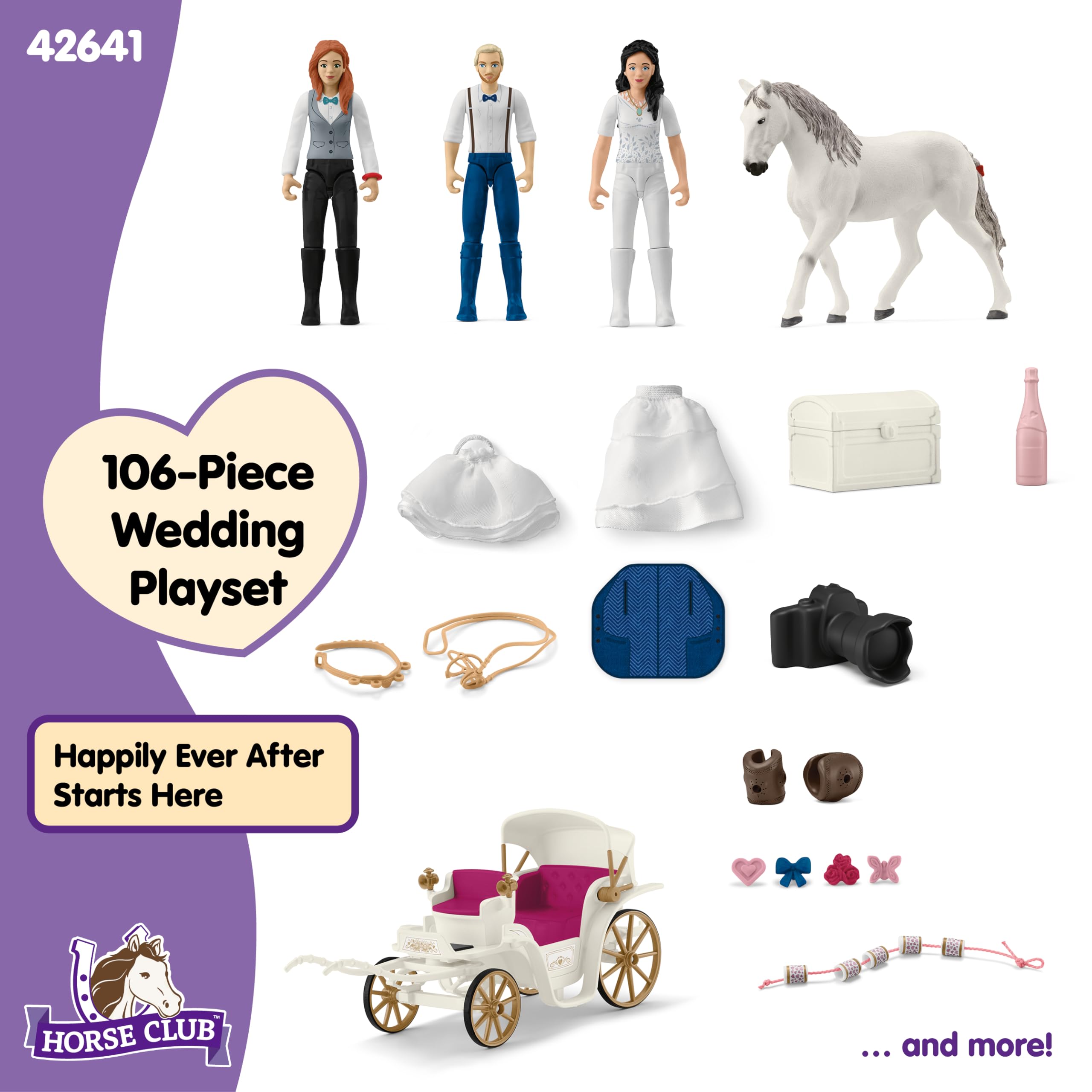 schleich HORSE CLUB | Kareta weselna 42641 | para młoda Emily i Toby z karetą, Hannah i koniem oraz akcesoriami | wspaniały prezent dla dziewczynek i chłopców | zabawka od 5lat | zestaw 106 elementów