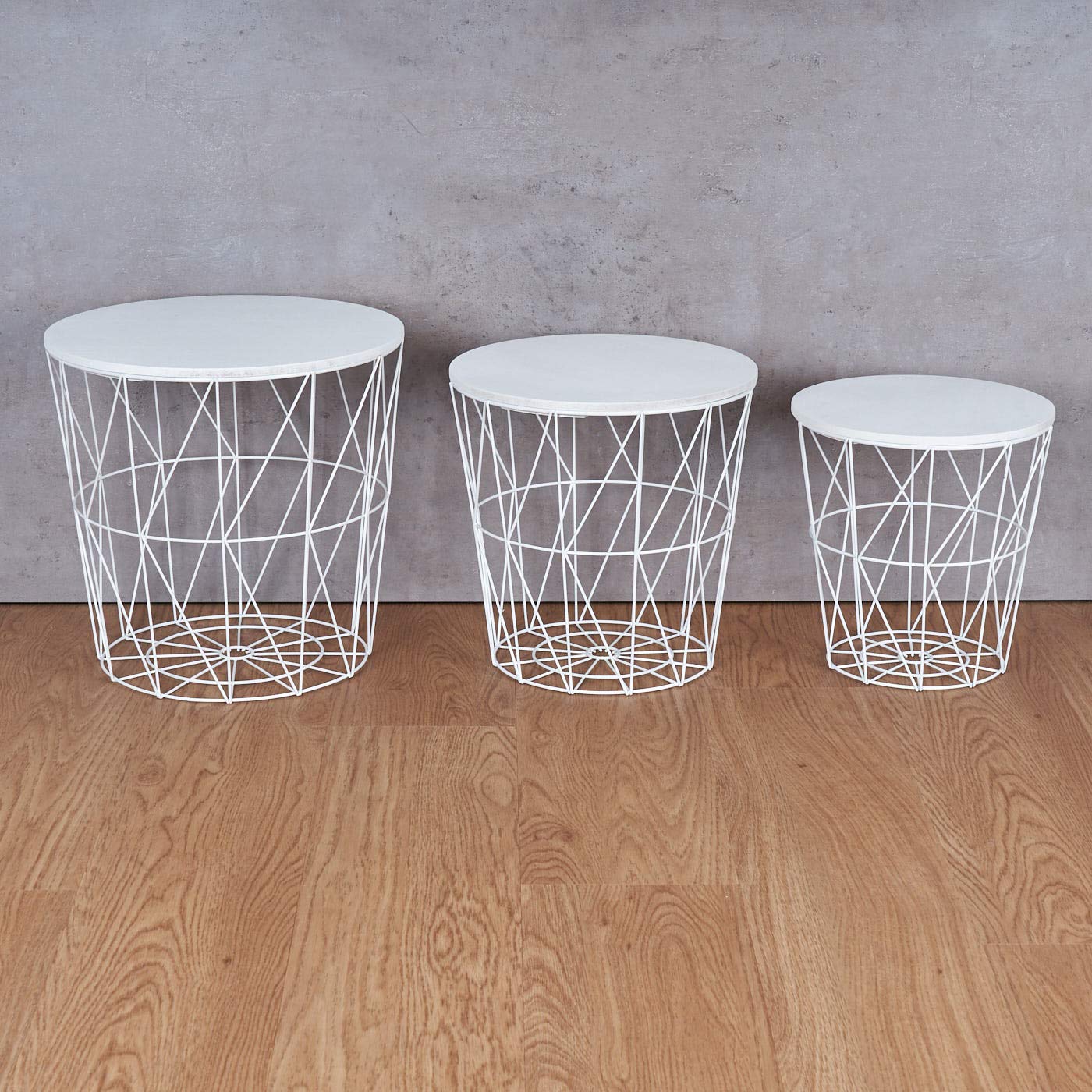 levandeo 3er Set Beistelltisch Metall Metallkorb Drahtkorb Weiß Couchtisch Deckel Aufbewahrung Design Deko Tisch