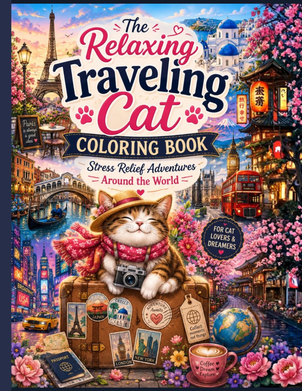 The Traveling Cat Coloring Book: Cozy and Relaxing Adventures Around the World for Adults