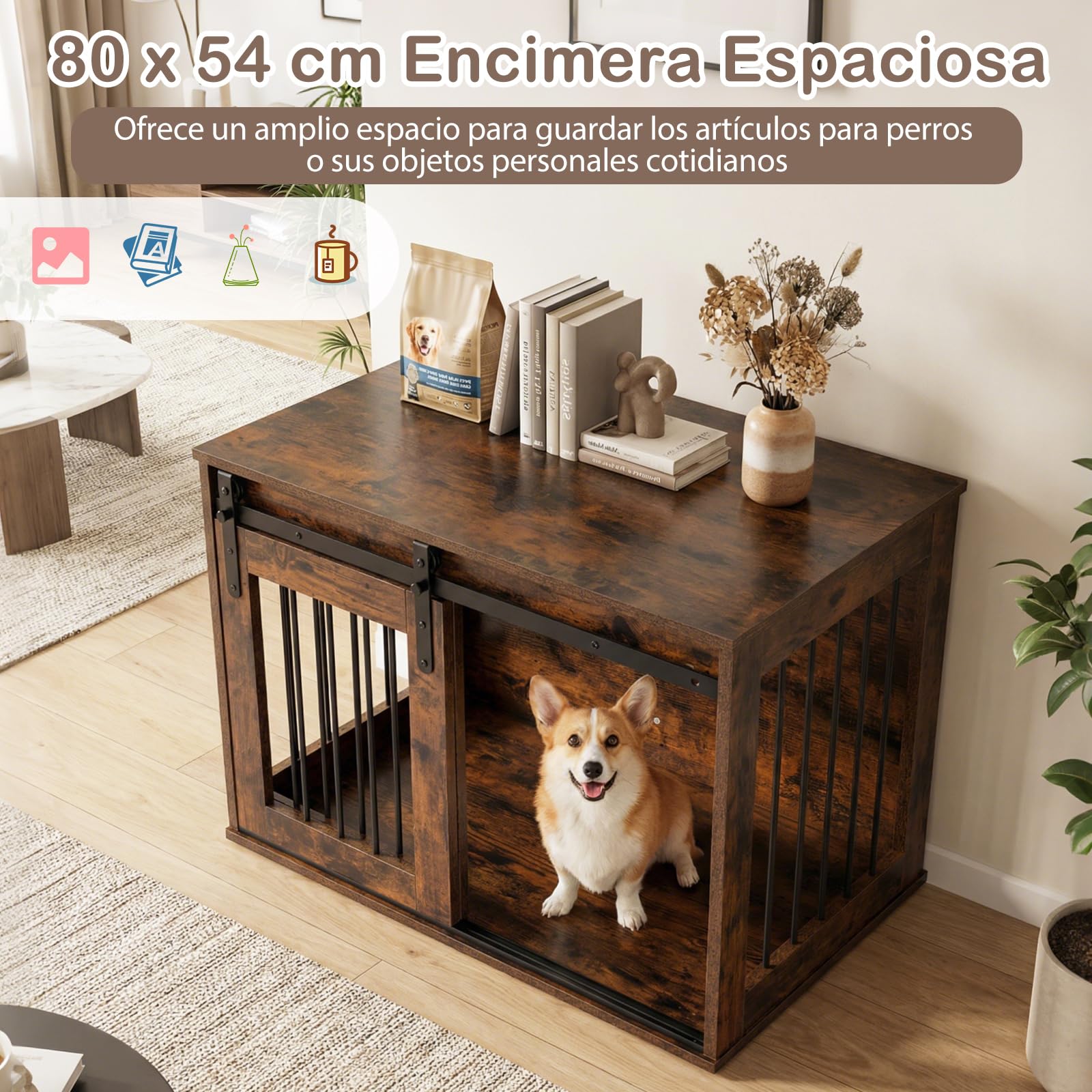 COSTWAY Jaula para Perros, Mueble para Perros con Puerta Corrediza, Mesa Lateral Decorativa, Estructura Metálica, Mueble Jaula de Madera para Mascotas Pequeñas y Medianas, 80 x 54 x 57 cm (Marrón)