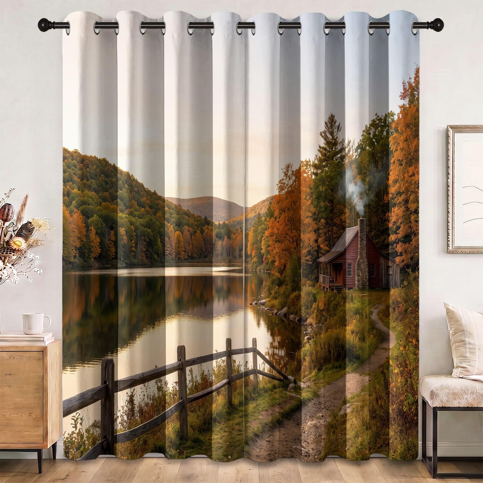 Rideaux Occultants Plante 75L X 166H cm (2 Panneaux), Isolation Thermique Fixation par Oeillets Coucher De Soleil d'automne Rustique & Cabane pour Salle De Séjour, Marron