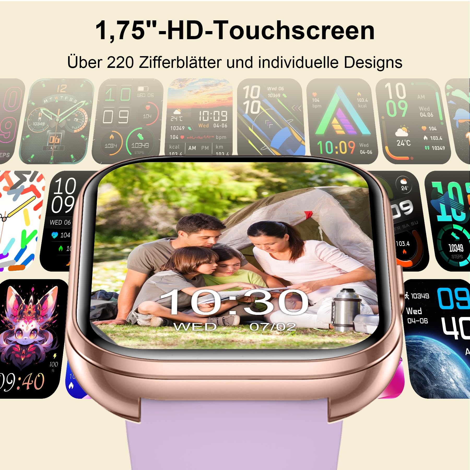 Smartwatch für Damen Herren mit Telefonfunktion,1.75" Fitnessuhr mit Pulsmesser SpO2 Schlafmonitor Schrittzähler IP68 Wasserdicht,120+ Sportmodi Smart Watch Fitness Tracker (Gold)