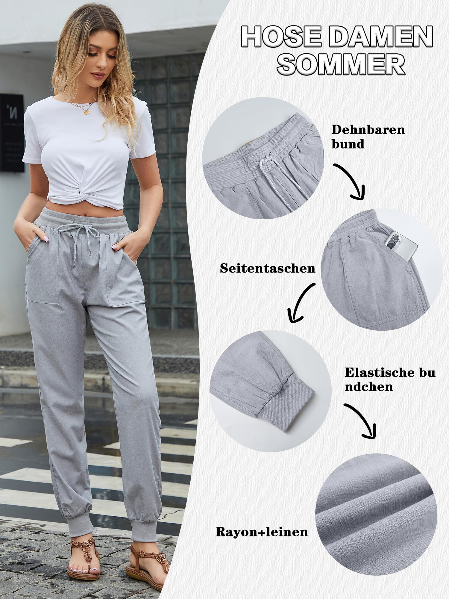 Hose Damen Sommer Casual Baumwolle Leinen Stoffhose Einfarbig Freizeithose Stretch Leicht Leinenhose Straight Leg Hose und Taschen