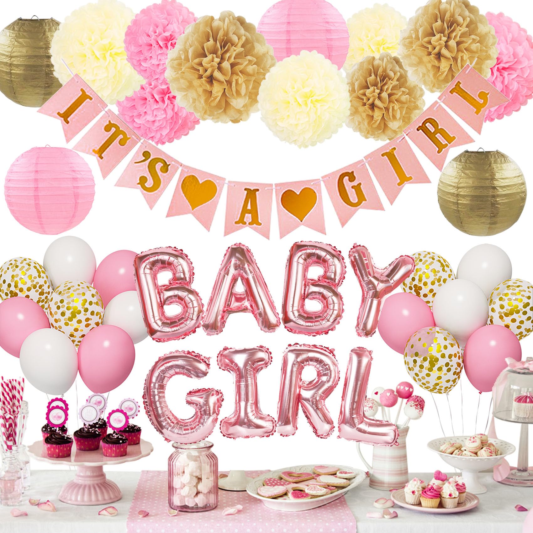 Ouddy Party Pink Baby Shower Decorations for Girls with Its a Girl Banner, Baby Girl Letter Pink Gold Confetti Balloons Paper Pom Poms for Baby Shower