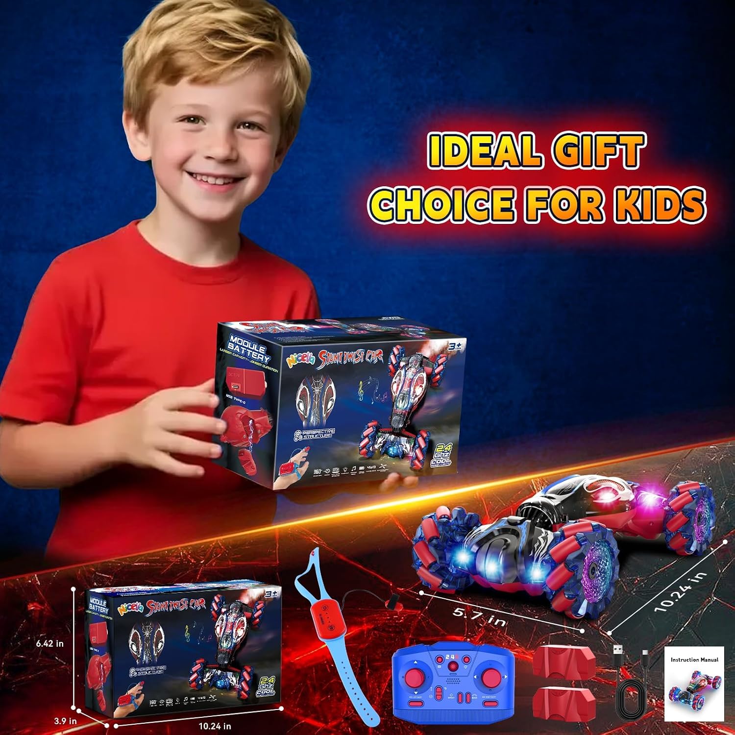 Nicella S-Pider Remote Control Car, 2.4GHz 4WD Gesture Sensing Rc Stunt Car for Boys and Girls Ages 6-12，Drift RC Cars with Lights and Spray, Double Side Toys Ideal Birthday and Xmas Gift for Kids
