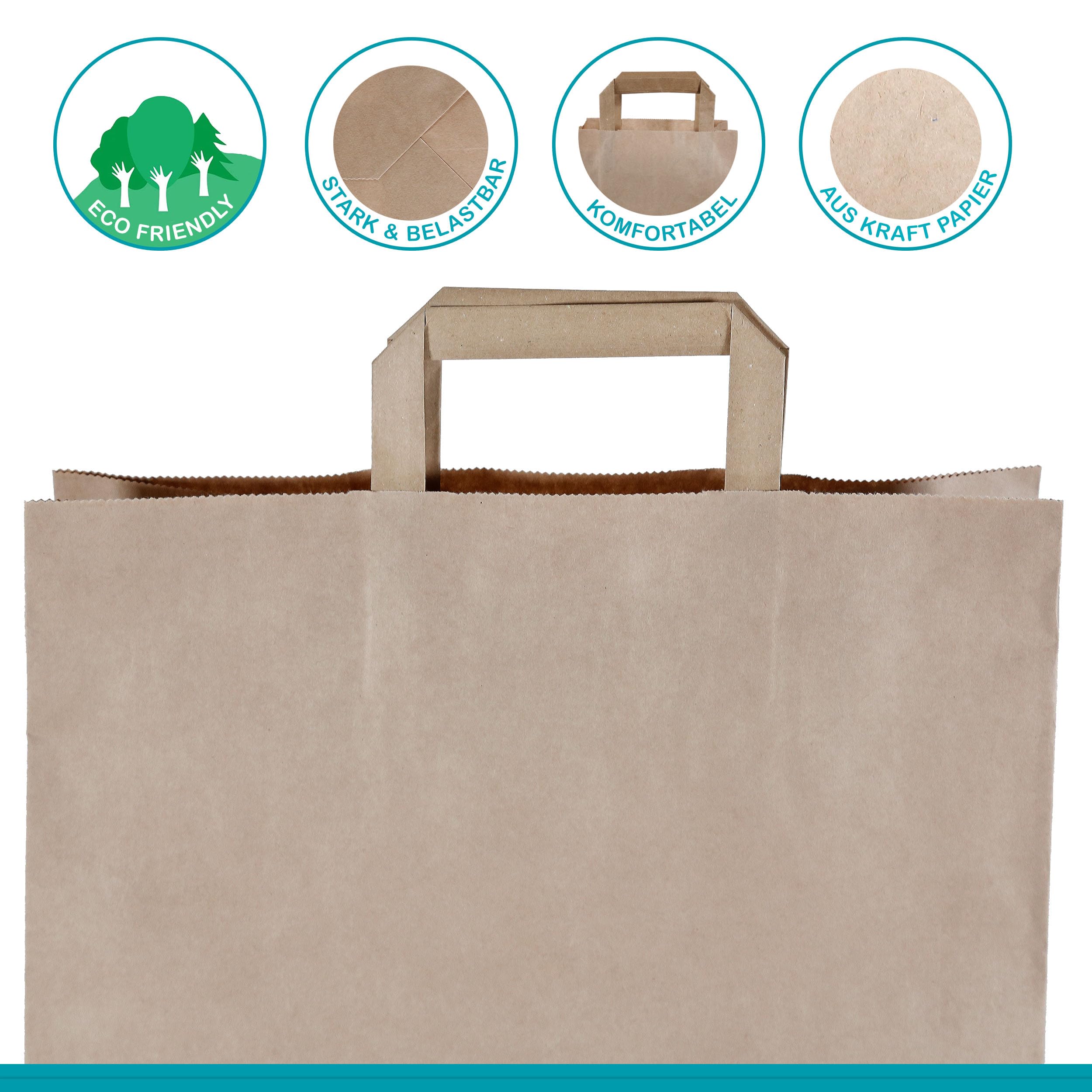 Commerline Bolsas De Papel Kraft Con Asas | 250 Unidades | Marrón 32+16x44 cm | Bolsas De Regalo | Sacos Ecológicos Grandes De Transporte | Bolsas de papel kraft con asa, resistentes al desgarro, para compras, para llevar, regalos, venta