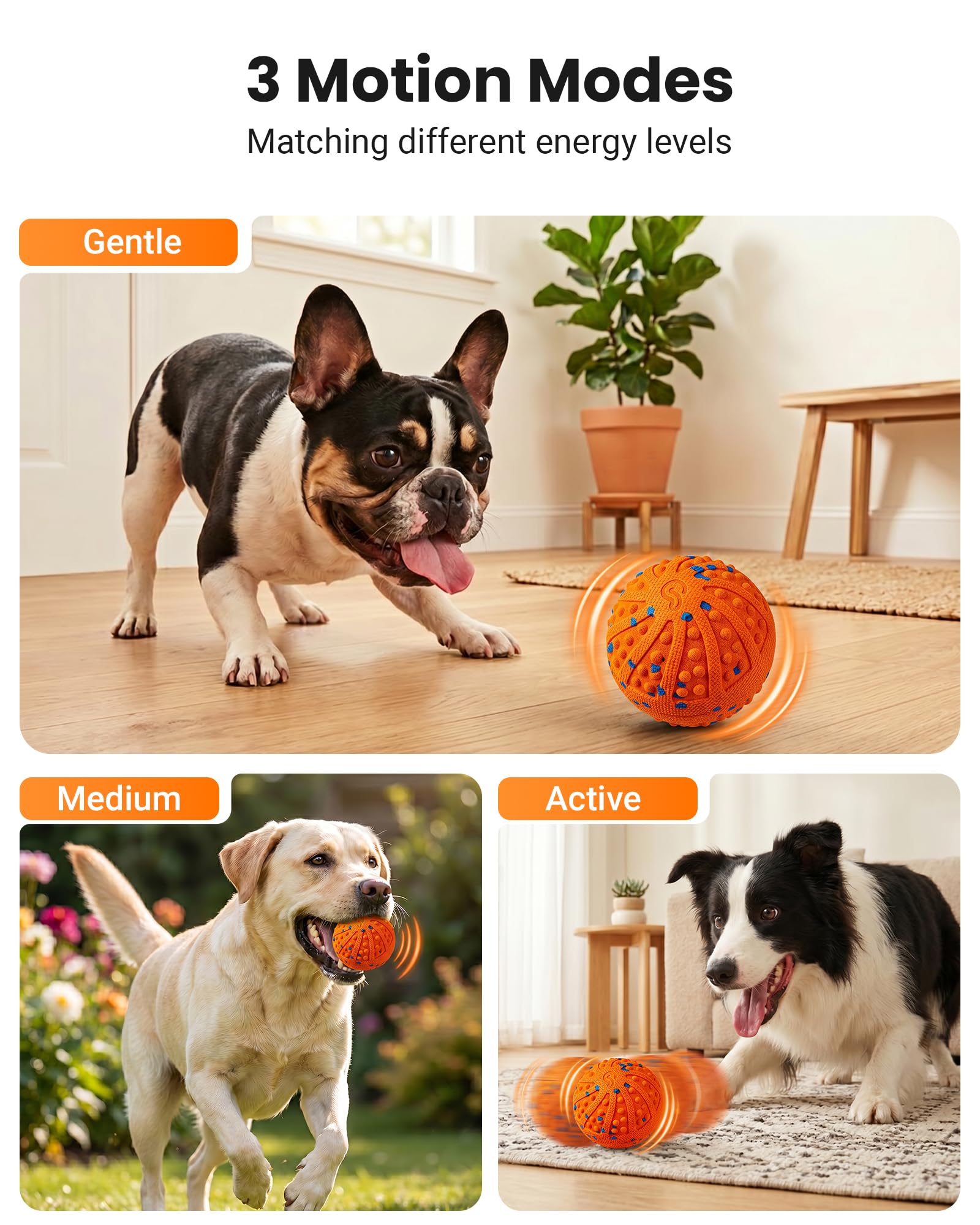 Juguetes interactivos para perros con protuberancias amigables con los dientes, 3 modos, material ETPU | Bolas interactivas automáticas recargables para perros medianos y grandes para mantenerlos ocupados