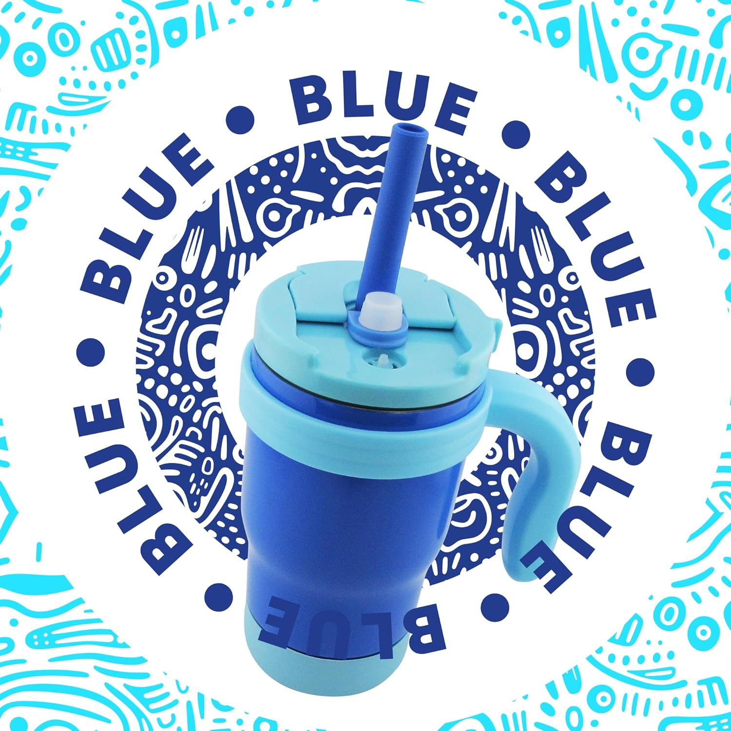 Kids Insulated Tumbler, 14 Oz, Double Wall, Integrated Handle, Straw, Flip Lid, Spill Proof (Blue) (Blue) - Image 3