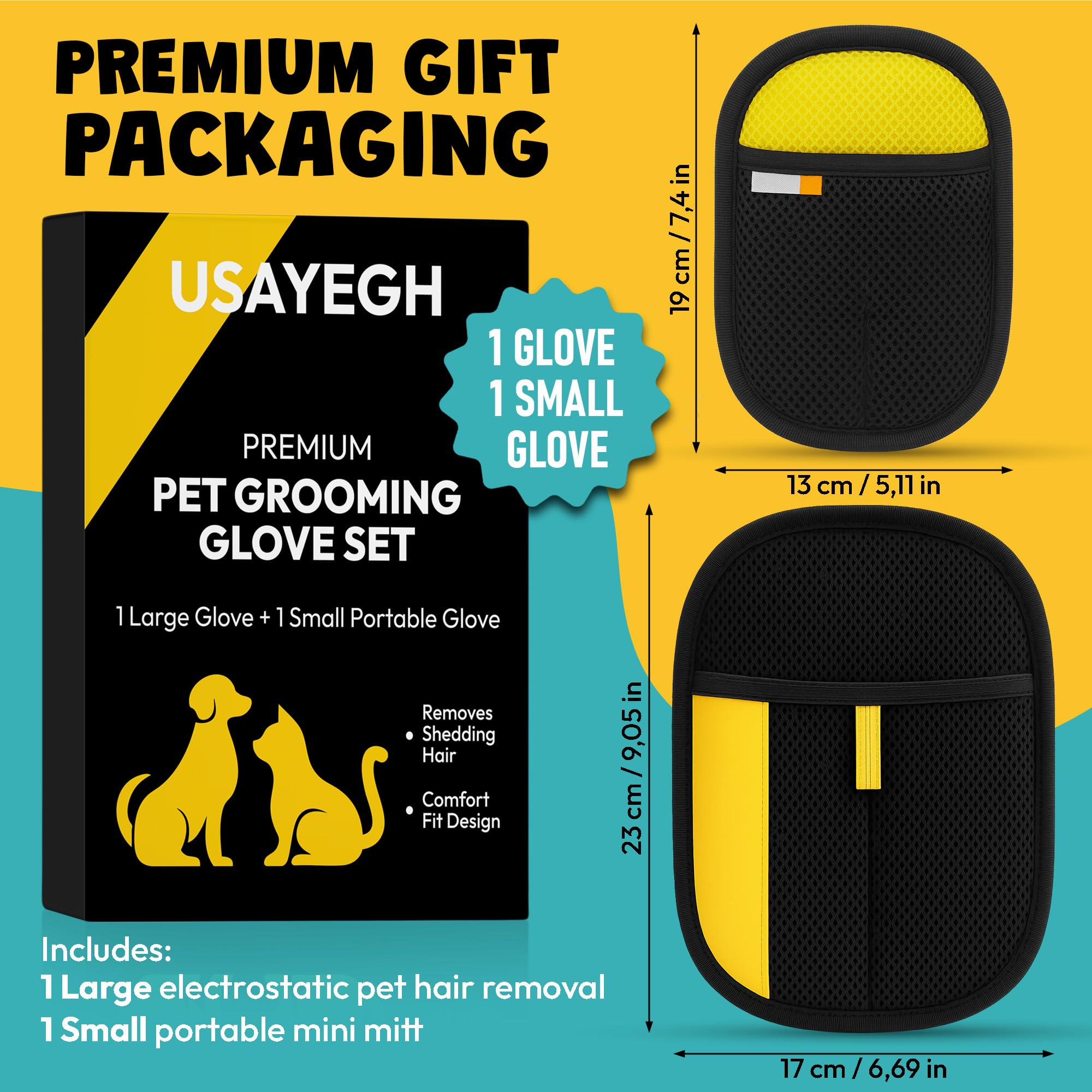 Kit di guanti elettrostatici per la rimozione dei peli di animali domestici, confezione da 2 guanti per la rimozione della pelliccia, per cani e gatti, 1 guanto grande e 1 mini guanto