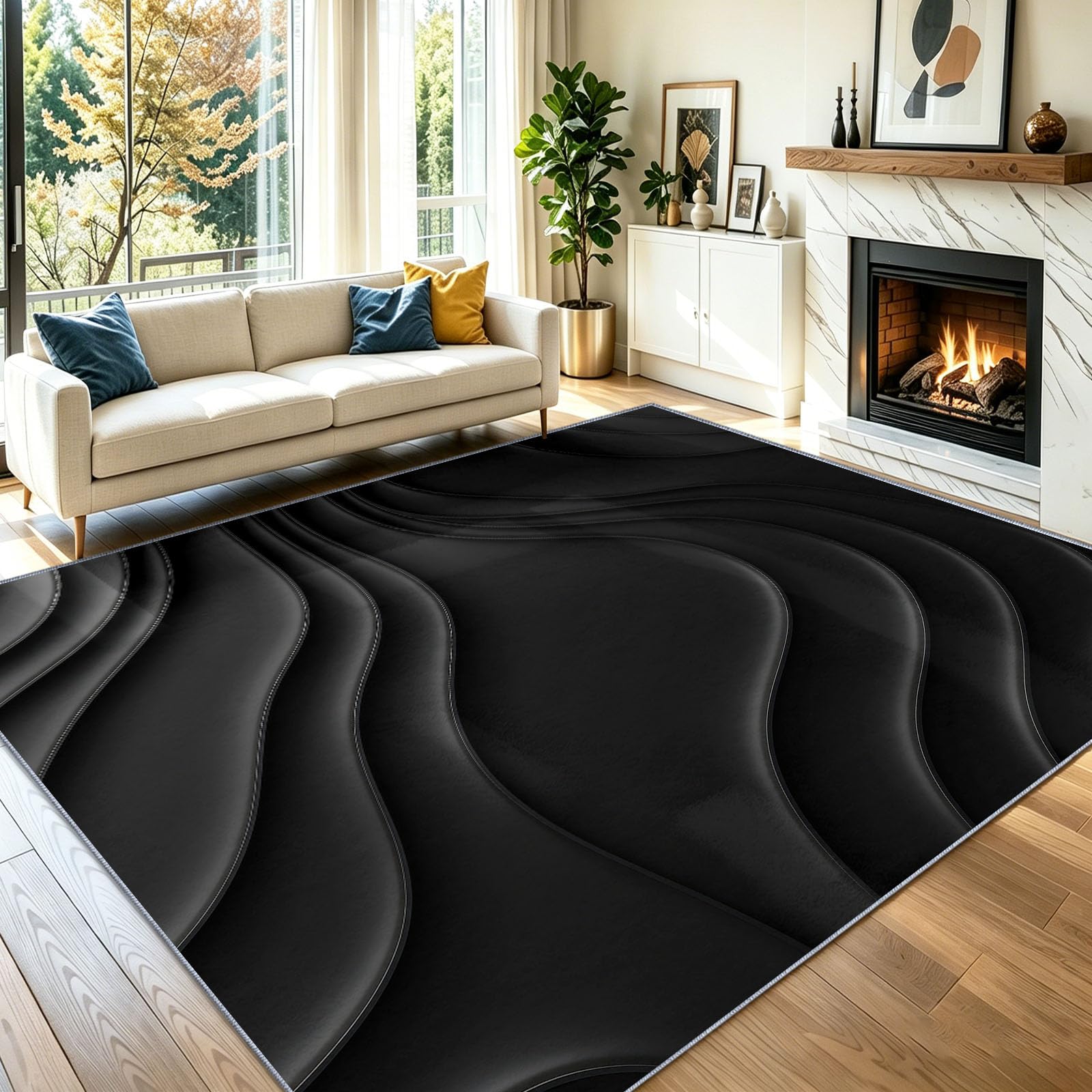 Industriel Minimaliste Interieur Doux Tapis, Relief Noir Lignes Contour Topographiques, 60 x 90 cm | Tapis Salon Chambre Descente de Lit Salle a Manger Bureau, AntidéRapant Lavable Tapis