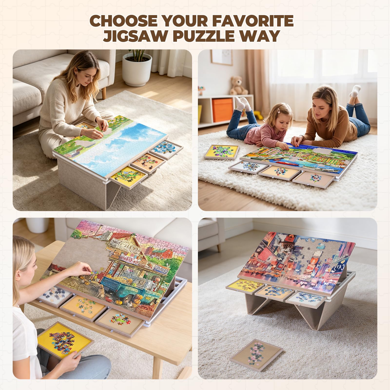 Table de Puzzle inclinable 3 en 1 avec Pieds Pliables, Angle réglable, Surface en Feutre Compatible avec Les Puzzles de 1500 pièces, 4 tiroirs de Couleur, légère et Portable