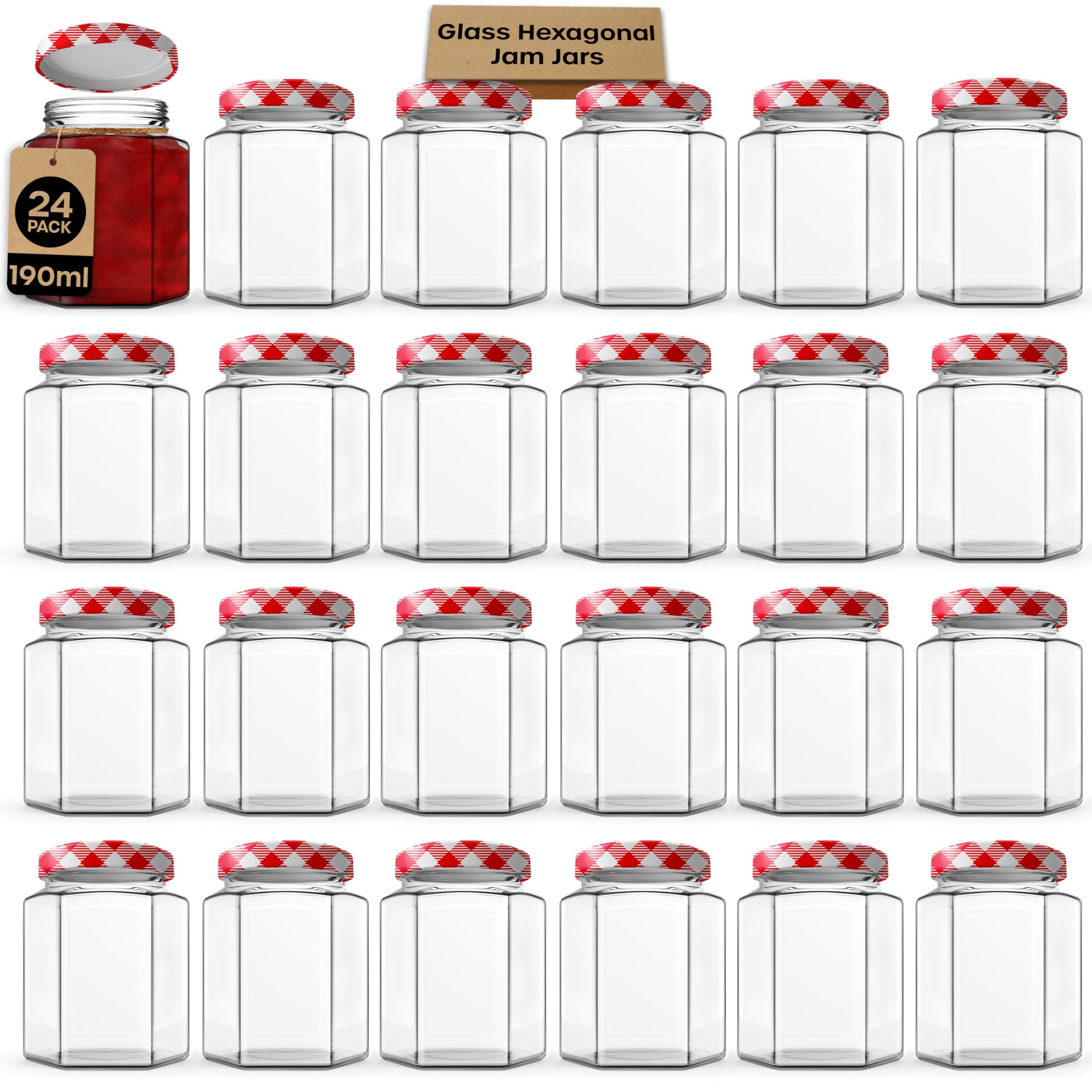 volila Jam Jars with Lids 190ml – 24 Pack Hexagonal Small Jars with Red Gingham Screw Top Lids – Airtight Glass Jars with Lids for Homemade Jam, Marmalade, and Chutney - Glass Jars with Lids