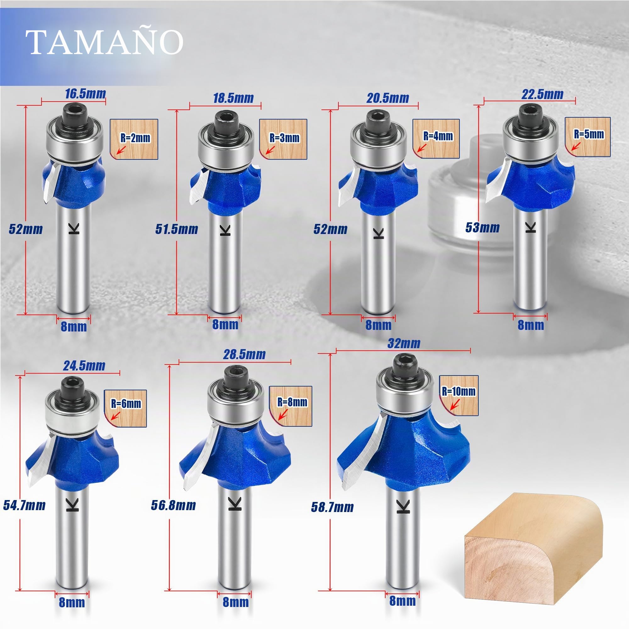 7 piezas Fresas redondeadas estándar 8mm , Fresas para madera vástago de 8 mm, radio 2-3-4-5-6-8-10 mm, metal duro,puntas de fresado, fresadora para carpintería