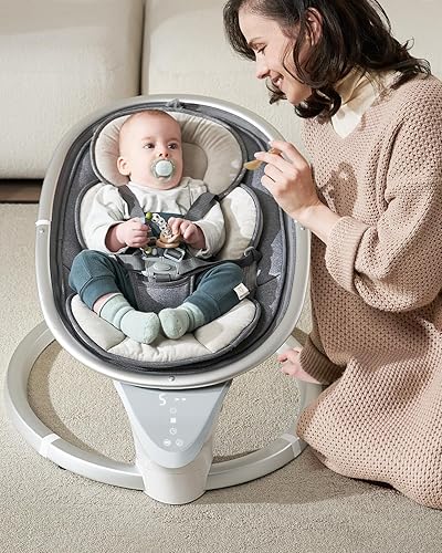 Yacul Columpio eléctrico para bebés recién nacidos, columpio infantil con 5 movimientos ajustables y control remoto, función de sincronización y