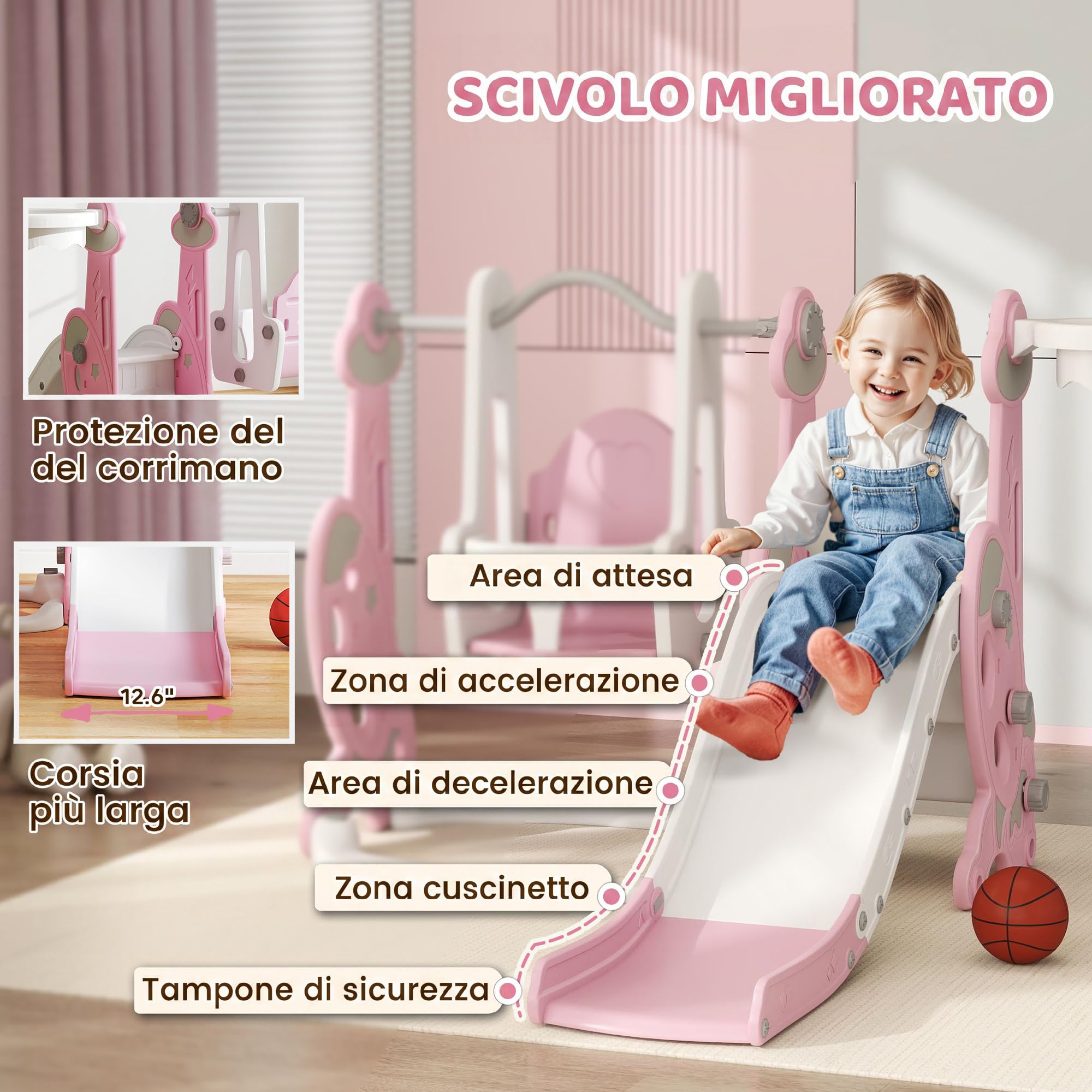 AIYAPLAY Scivolo per Bambini 4 in 1 con Altalena da 18-48 Mesi Rosa | Scivolo da Giardino Autoportante, Scaletta da Arrampicata, Cestino da Basket, Set Parco Giochi per Interni ed Esterni