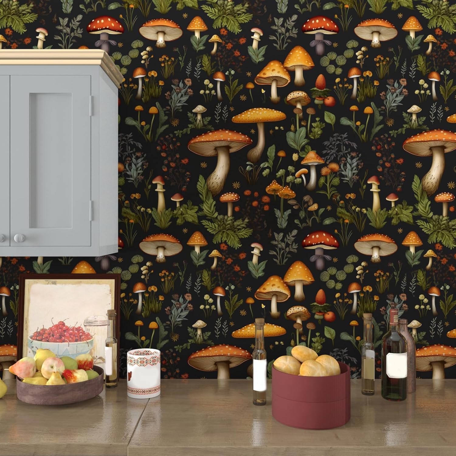 Laatse Mushrooms Wallpaper Peel and Stick Drak Floral Contact Paper Vintage Self Adhesive Wall Mural Boho Botanicl Wall Paper for Room Walls Stairs Countertop Decor 17.5in x 118in