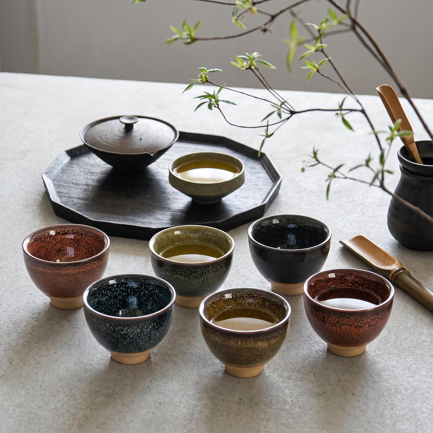 Eorbow 6 Pack 2oz Ceramic Tea Sake Cups, Handcrafted Chinese Kungfu Tea Cup, Japanese Sake Cup Set, Small Tea Cup for Soju Shot, Matcha, Saki, Asian Tea Accessories, 6 Colors