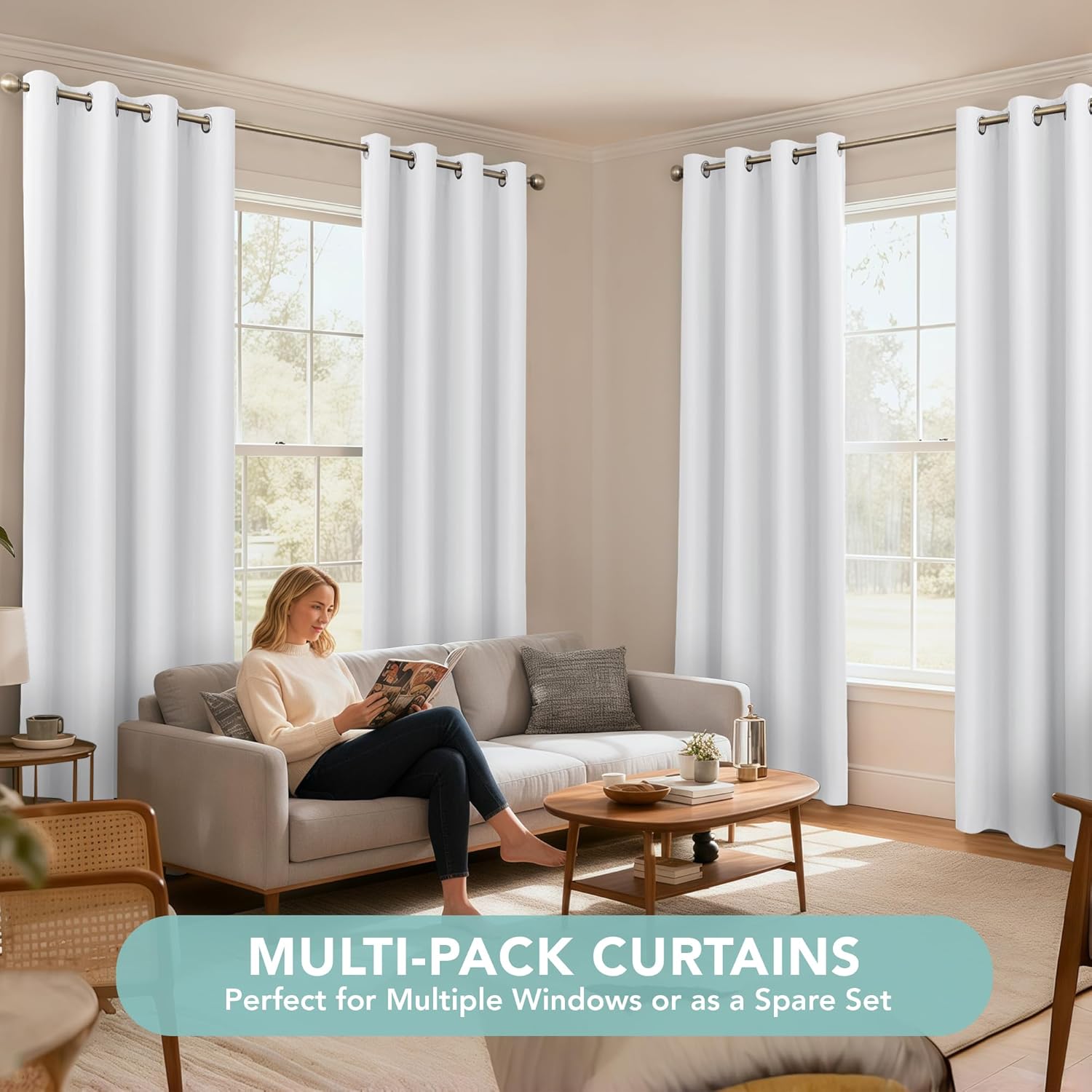 BONZER 100% Blackout Curtains 84 inches Long - 4 Panels Full Light Blocking White Window Drapes for Bedroom, Total Privacy Grommet Room Darkening Curtain with Black Backing for Living Room, Patio Door