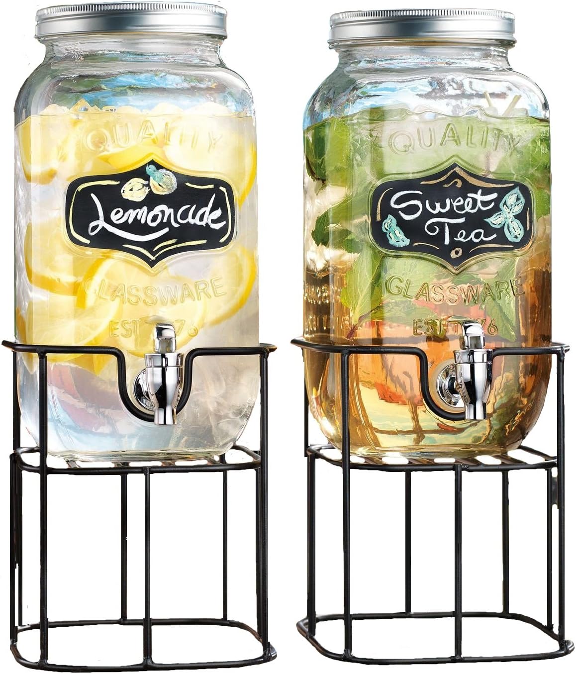 Set of 2 Glass Chalkboard Beverage Dispensers with Spigots on Separate Stands - 1 Gallons Each