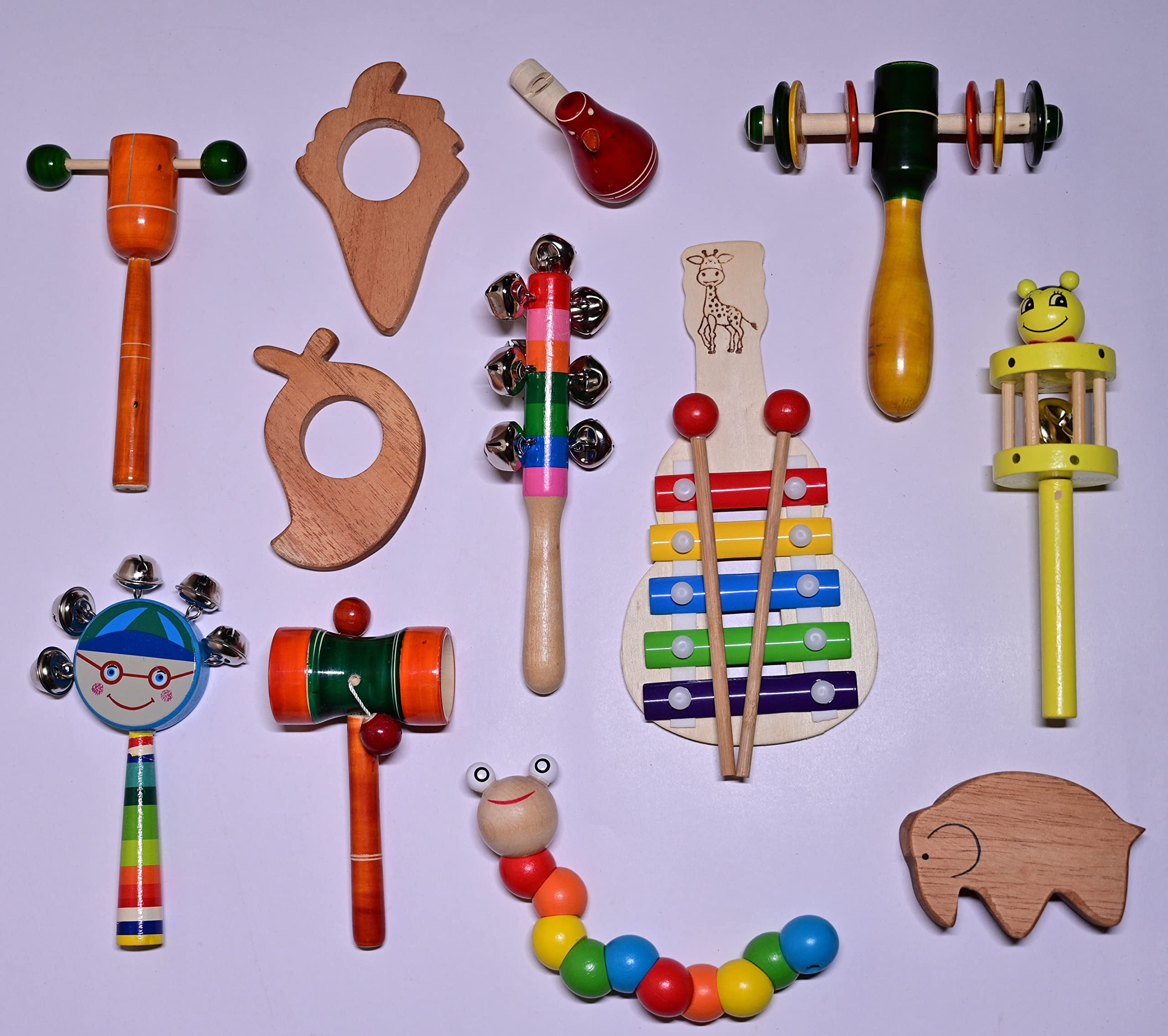 CHANNAPATNA TOYS Wooden Rattles Toys for Baby, Teethers, Twisting Toy & Bird Whistle New Born Baby Toys, Infants, Kids - Set of 12 pcs - Non Toxic Multi Color - Develops Sensory Skills
