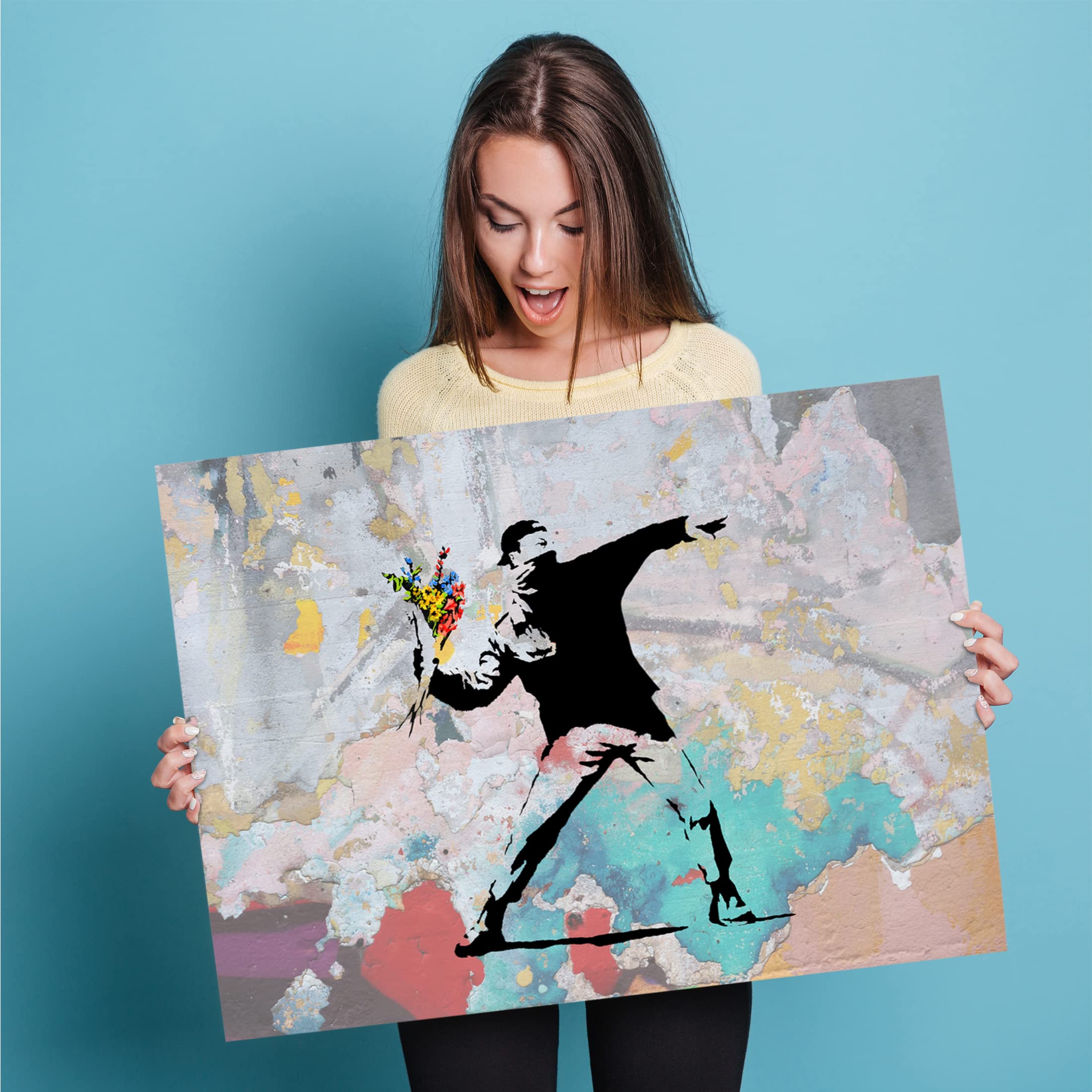 Poster aus Baumwolle Banksy Mann wirft Blumen Activism - Modern Street-Art - Moderner Kunstdruck Klein bis Groß XXL - Geschenk Wohnzimmer, Schlafzimmer Kunstdruck ohne Rahmen, Wandbild - A4, A3, A2..