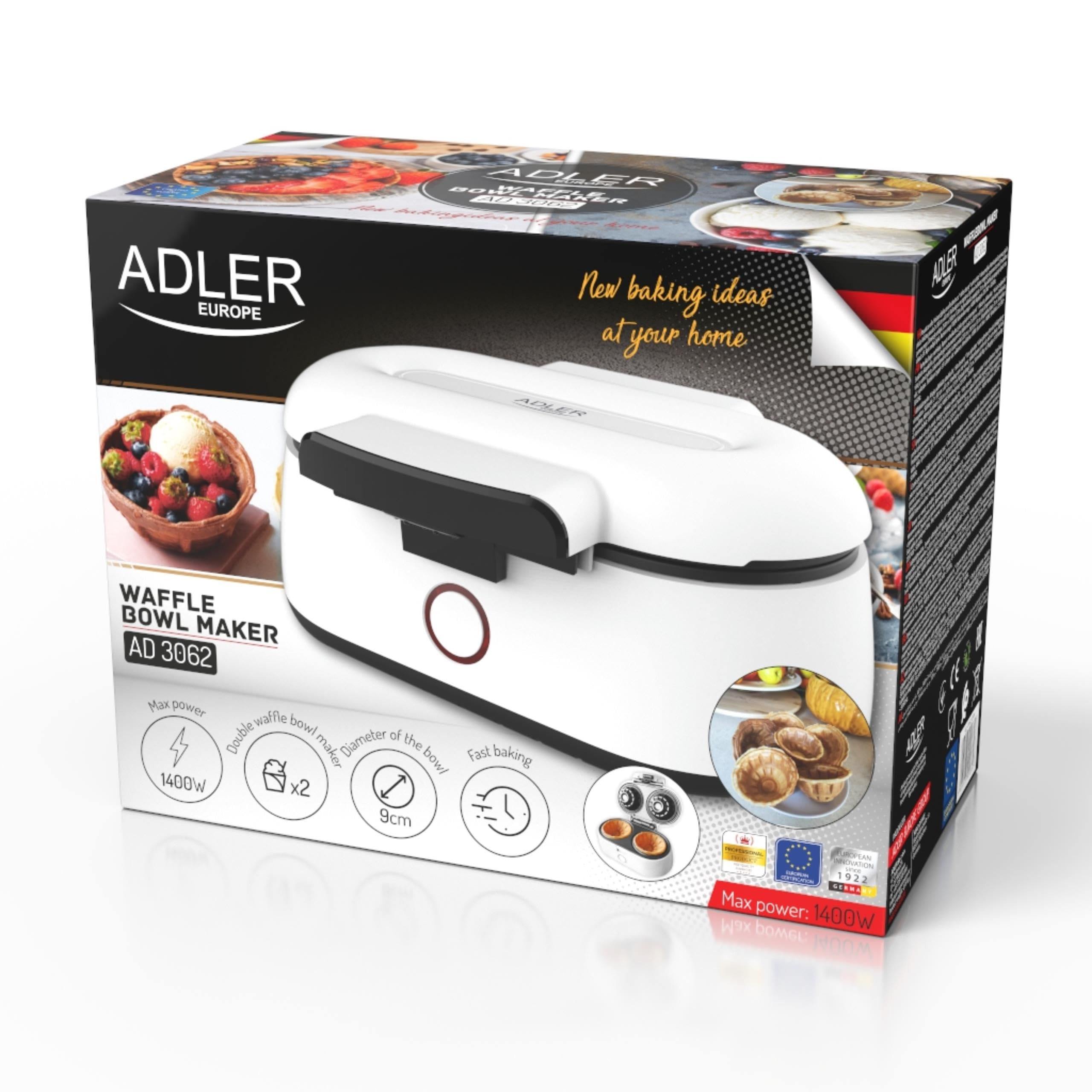 ADLER EUROPE AD3062 Waffelbahn, Waffelmoil, 1400W Leistung, für knusprige Schalen, Antihaft-Beschichtung, Weiß