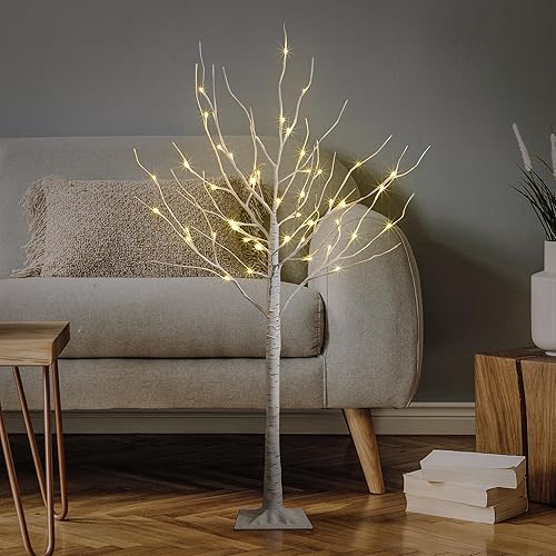 Árbol de abedul iluminado de 4 pies con 48 luces LED para decoración interior y exterior, hogar, patio, boda, festival, decoración de Navidad,