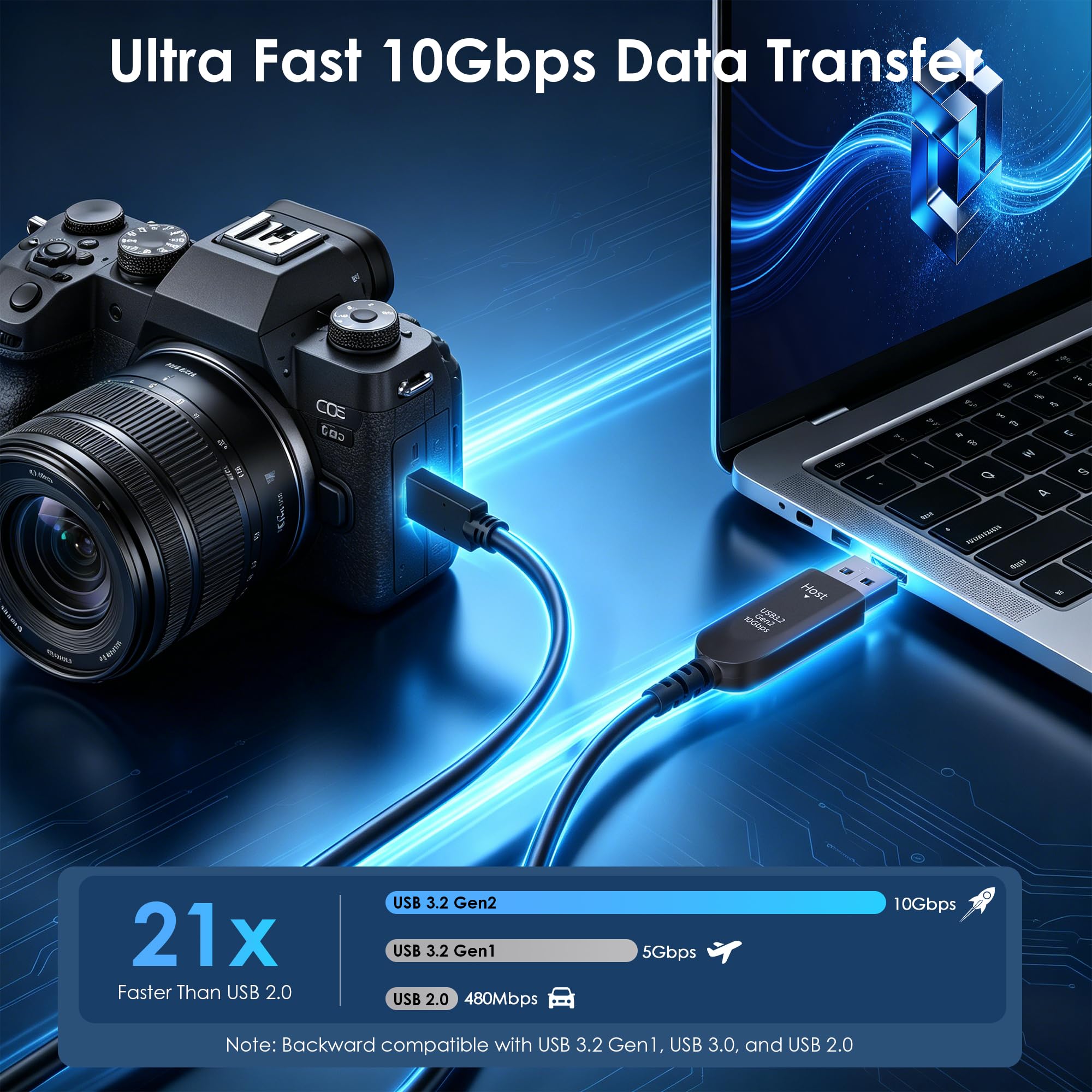 Cable de fibra óptica 4K 60Hz USB C de 33 pies, 10 Gbps USB 3.2 Gen 2 USB A a USB C cable de datos para cámaras web, VR, sistemas de conferencia, Logitech, Azure, ClickShare, Intel RealSense (sin