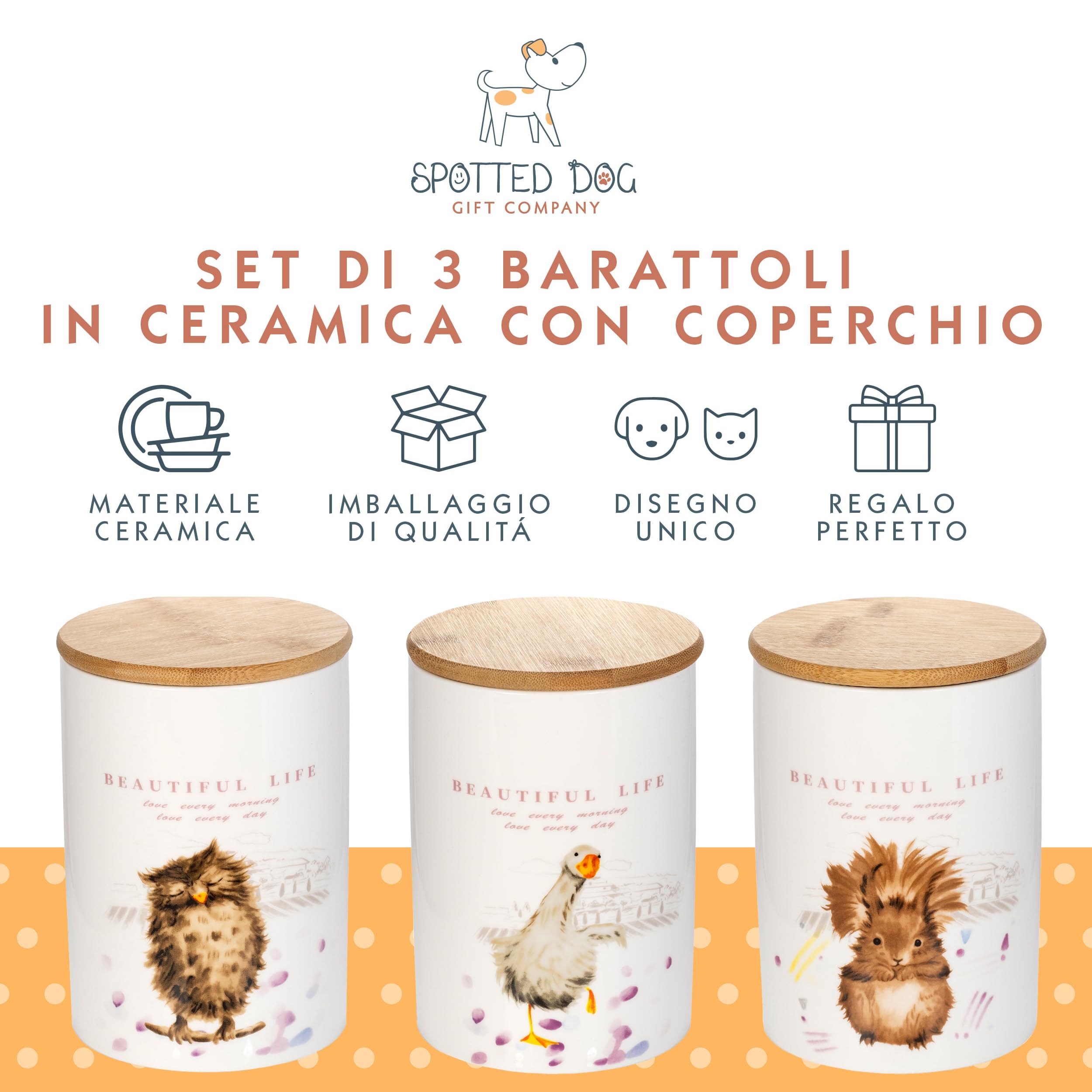 SPOTTED DOG GIFT COMPANY - Set di 3 barattoli da cucina a tema animale - per sale, zucchero, caffè - idee regalo - in ceramica con coperchio in legno - bianco - 1,2 L