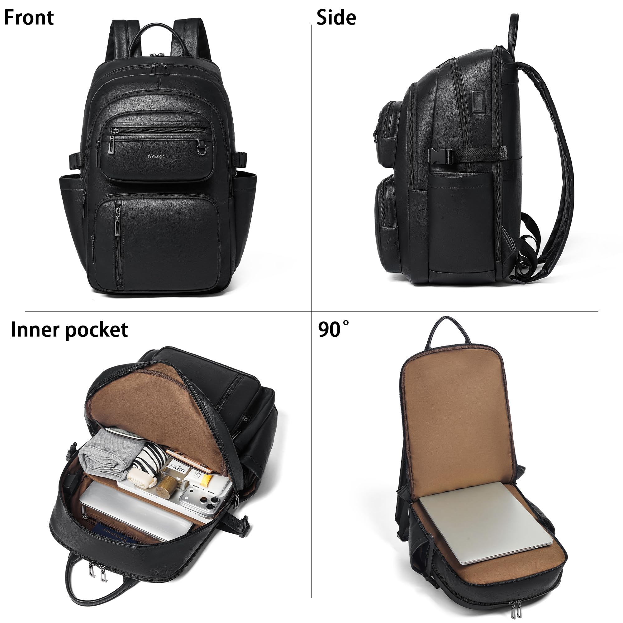 Mochila de cuero vegano, mochila de viaje TSA para hombres y mujeres, se adapta a laptop de 17.0 pulgadas con correa de equipaje, color negro