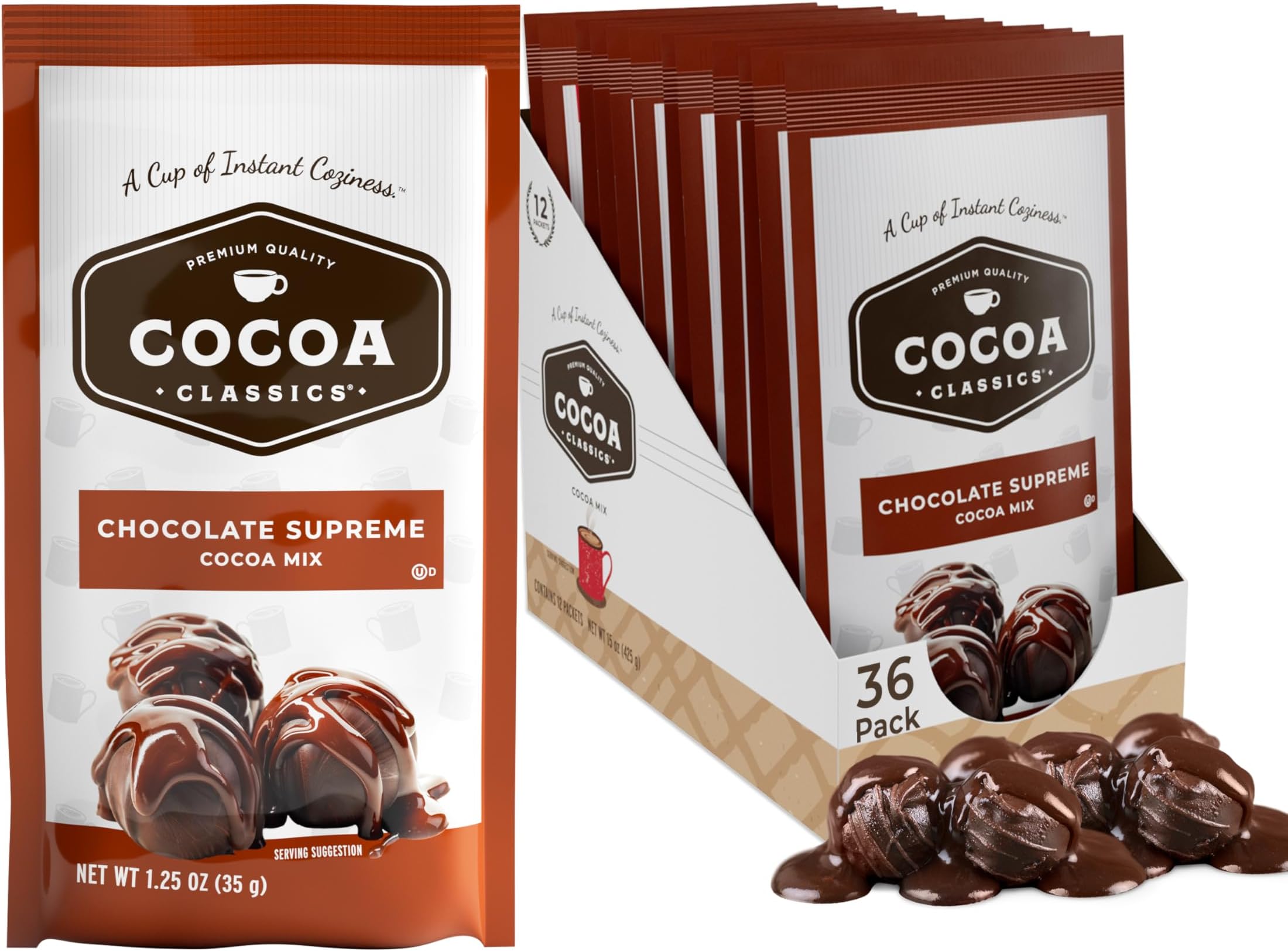 Cocoa Classics Chocolate Supreme Cocoa Mix | Just Add Hot Water | Make Hot or Iced Cocoa | Gluten Free & Kosher Dairy Friendly | 1.25oz Packets (Pack of 36)