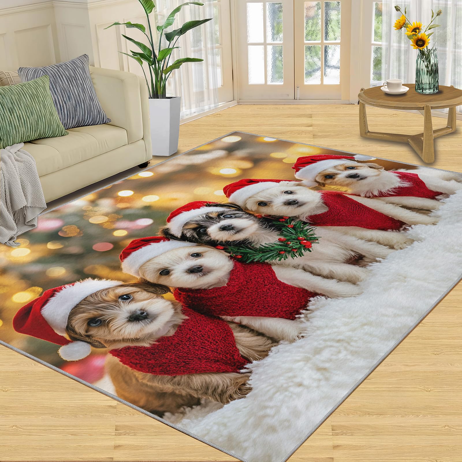 Tapis avec imprimé de chien lavable tapis de chambre hiver Noël