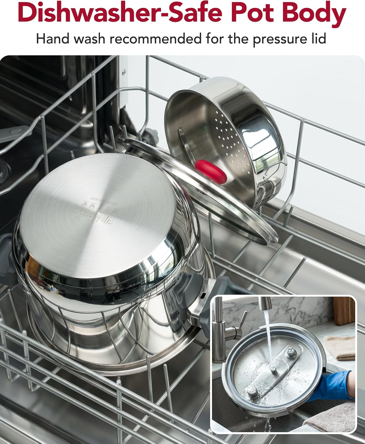 MICHELANGELO Stovetop Pressure Cooker Stainless Steel, 8.5 qt, 304 Stainless Steel, 6-Fold Safety System, One-Hand Easy-Open Lid, 2 Pressure Settings, Induction Compatible, Steamer Basket & Glass Lid